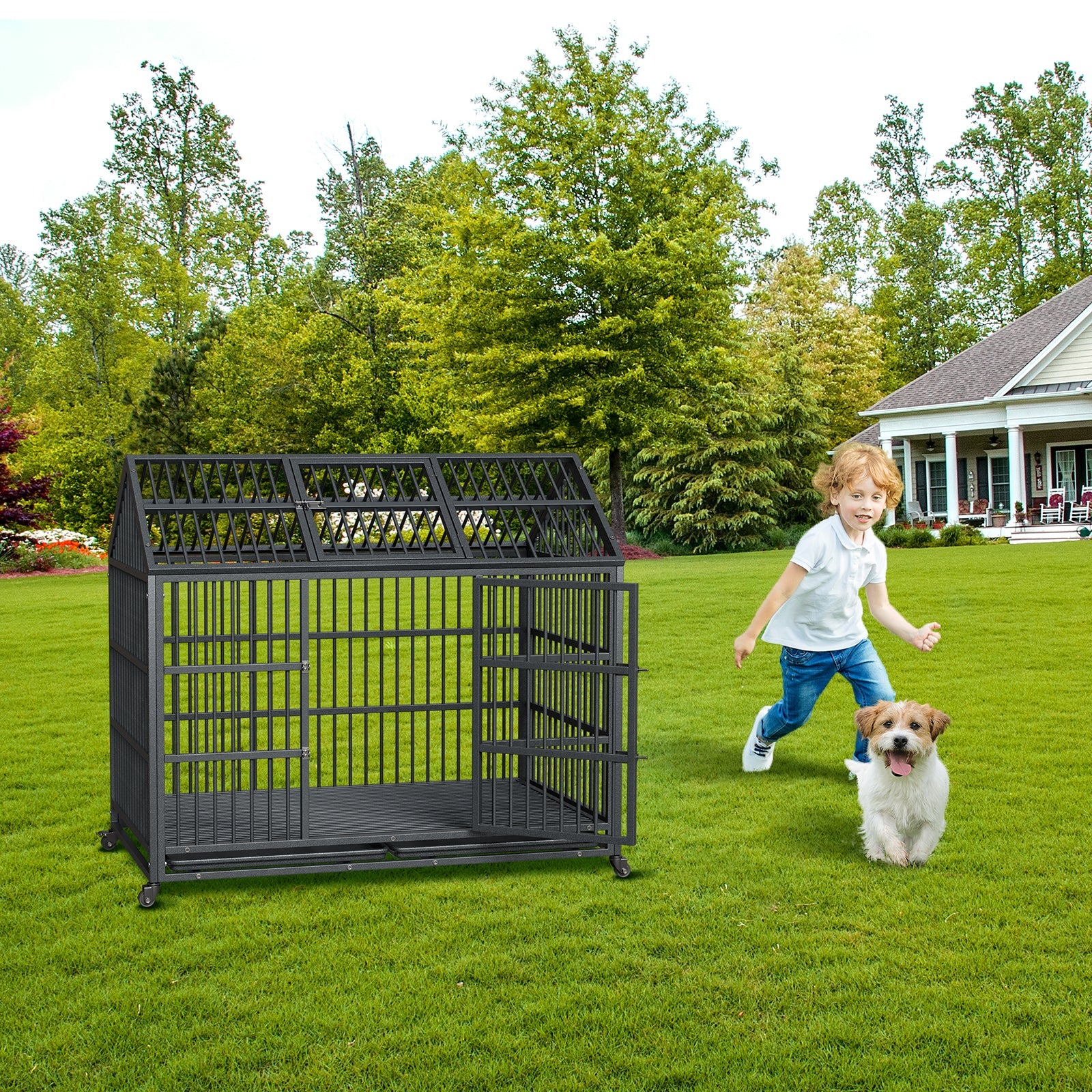 Garvee 52-Inch Escape-Proof Dog Crate, Indestructible Steel Dog Kennel with Locking Wheels, Anxiety Relief Pet Cage for Medium/Large Dogs, Indoor/Outdoor Use