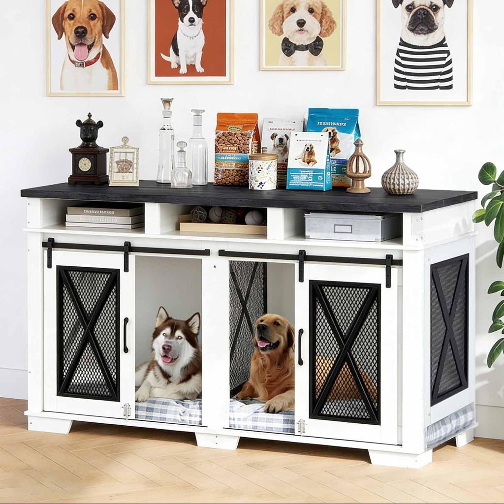 Garvee Dual-Panel Dog Crate Furniture, 71" Heavy Duty Dog Kennel Furniture with 3 Storages and Removable Divider, Double Dog Crate Table Indoor TV Stand for Large Medium Dogs, Black&White