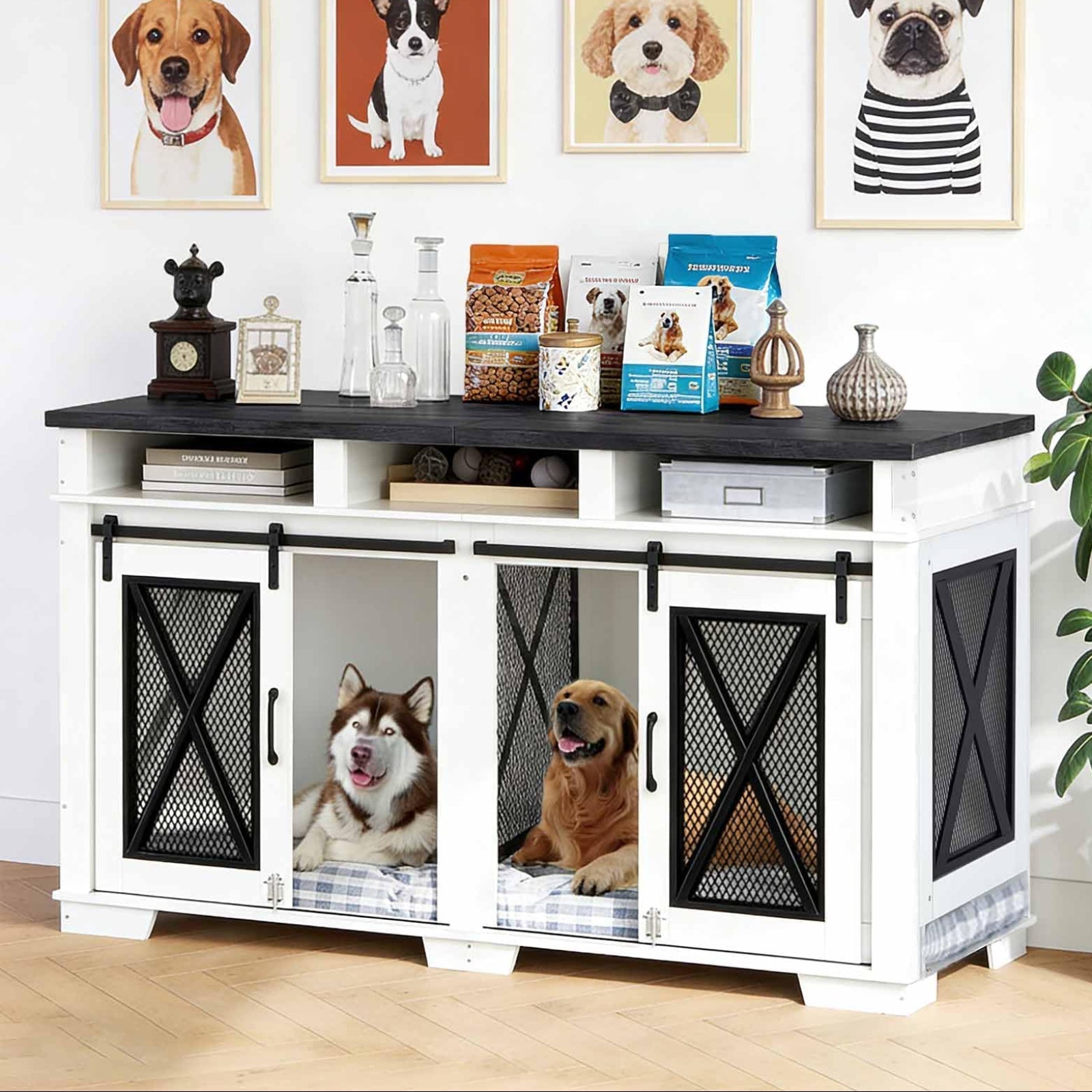 Garvee Dual-Panel Dog Crate Furniture, 71" Heavy Duty Dog Kennel Furniture with 3 Storages and Removable Divider, Double Dog Crate Table Indoor TV Stand for Large Medium Dogs, Black&White