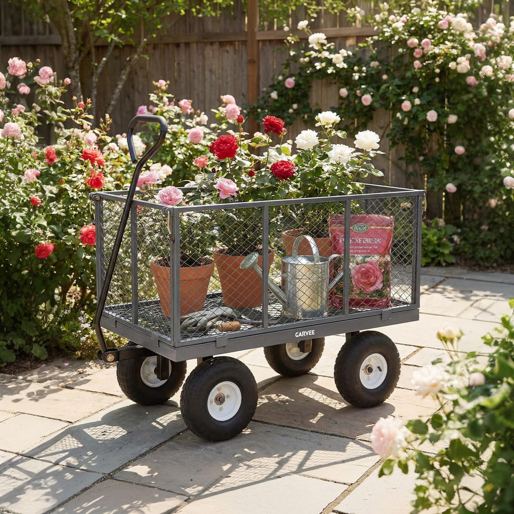 Garvee 800LBS Heavy Duty Steel Garden Cart Wagon with 10" Pneumatic Tires, Removable Mesh Sides, 180° Rotating Handle & Waterproof Bag, Utility Yard Trailer for Lawn, Garden & Farm, Gray