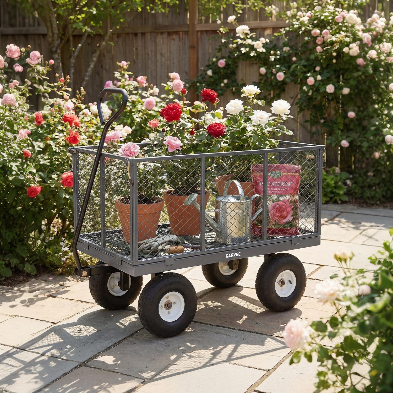 Garvee 800LBS Heavy Duty Steel Garden Cart Wagon with 10" Pneumatic Tires, Removable Mesh Sides, 180° Rotating Handle & Waterproof Bag, Utility Yard Trailer for Lawn, Garden & Farm, Gray