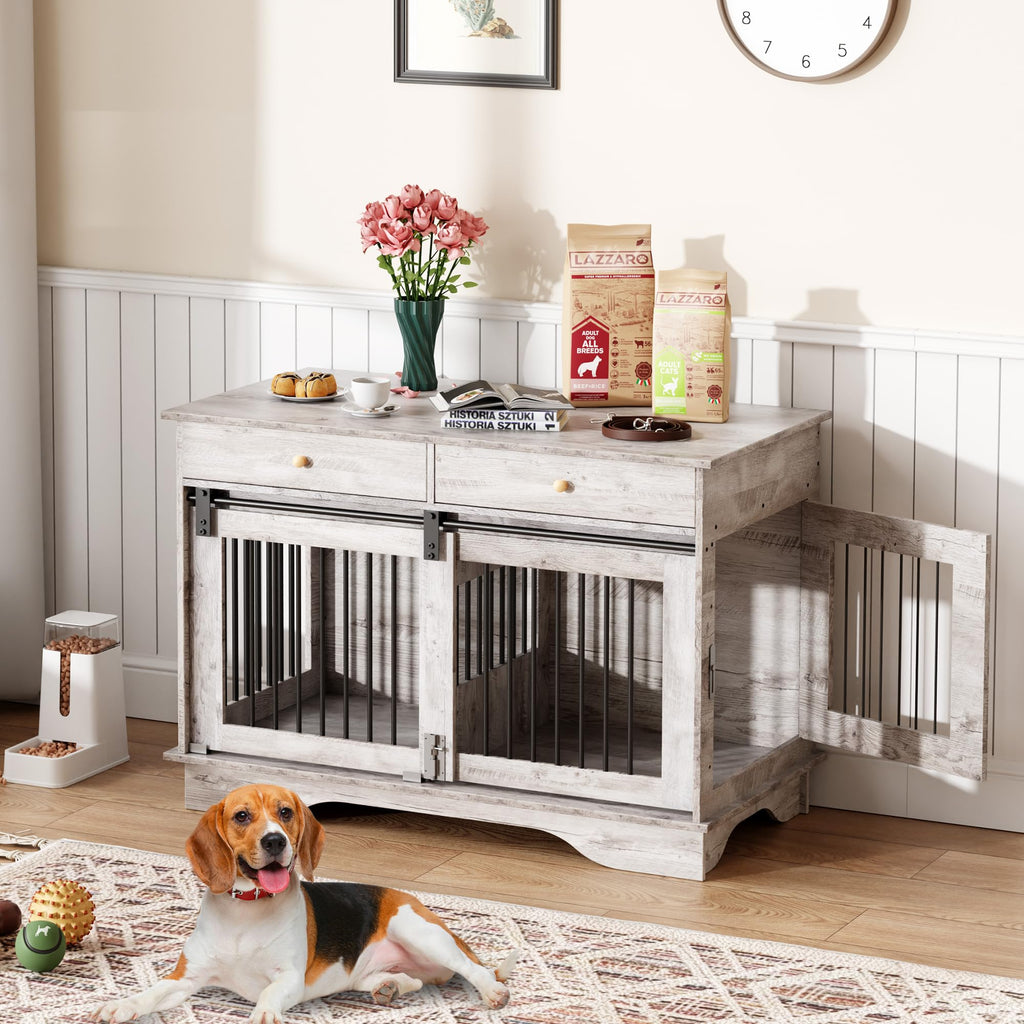 Garvee 2 Pack Spacious Double Dog Crate Furniture, 47" Large Dog Kennel, Removable Divider, 2 Storage Drawers, Chew-Resistant, Triple Door End Table for Small/Medium/Large Dogs, Gray