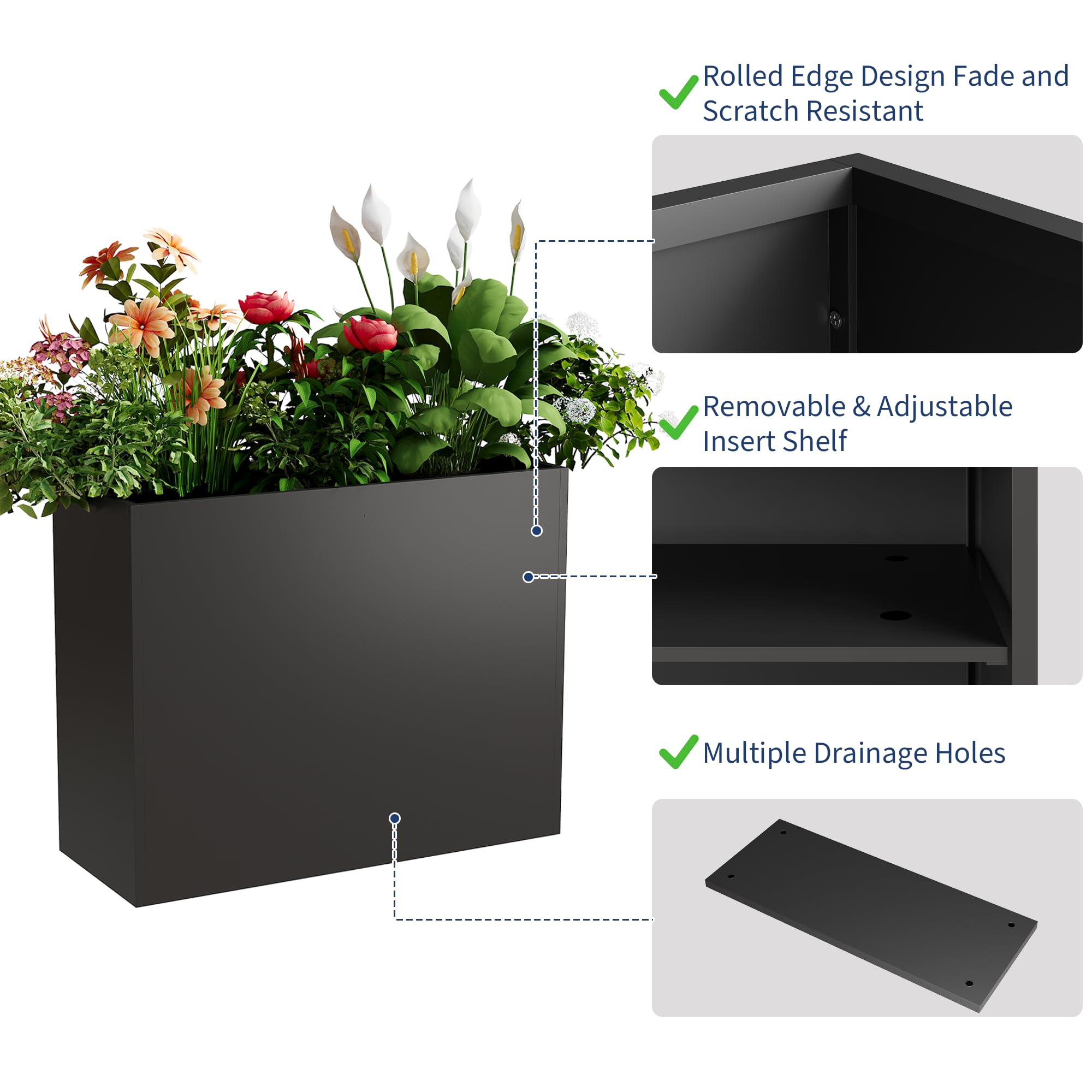 Garvee 30" L × 12" W × 24" H Tall Metal Planter Box, Galvanized Steel Rectangular Flower Planter with Drainage Holes and Removable Shelf for Patio, Porch and Indoor Use, Black