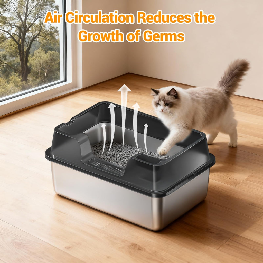 Garvee Stainless Steel Cat Litter Box, High Side Litter Box with Non-Stick, Scoop & Odor-Resistant, Metal Cat Pan for Multiple Cats, Rabbits & Small Pets, Easy to Clean, Black