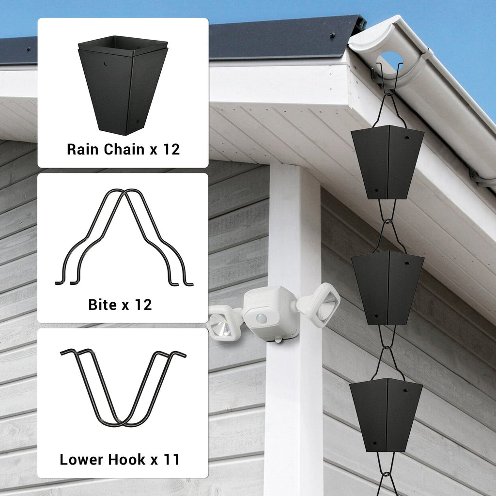 Garvee 10.5 ft Square Cup Rain Chain, Decorative Matte Black Metal Gutter Downspout Replacement with Hanging Hook for Garden, Patio and Home Exterior
