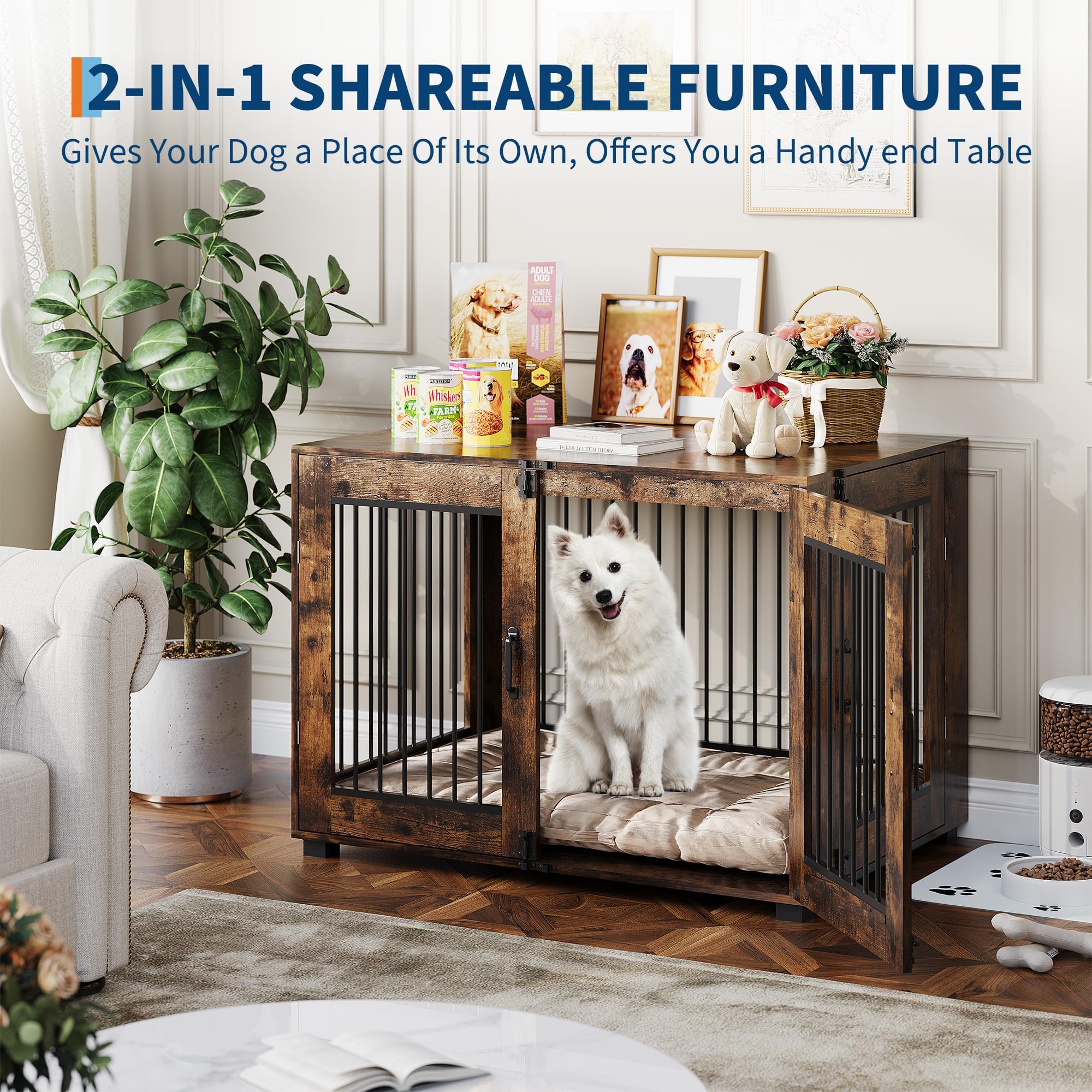 Garvee Rustic Farmhouse Dog Crate Furniture - Medium Indoor Wooden Kennel End Table with Dual Locking Doors - Chew-Resistant, Ventilated Pet Cage for Medium Dogs - Brown, Medium