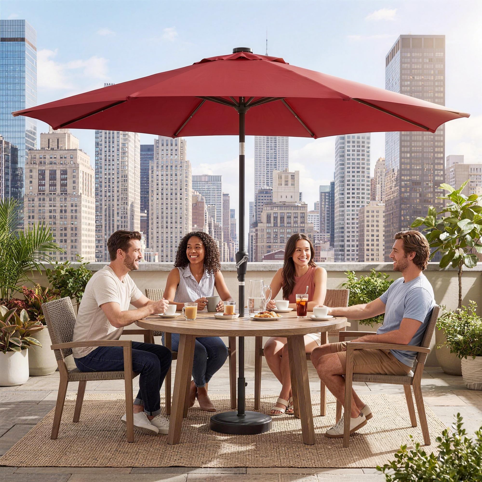 Garvee 10 FT Patio Umbrella with 32 Solar LED Lights, 8-Rib Iron Frame, Crank Lift and Push-Button Tilt for Garden, Deck, Backyard and Poolside, Red