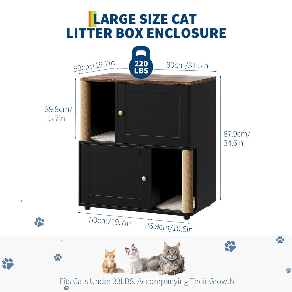 Garvee Double Cat Litter Box Enclosure for 2 Cats – 2-Tier Corner Cabinet with Marking Post, Litter Mats, Large Particle Board, Cat Washroom, Bed & Pet Waste Storage – Basic Black Model