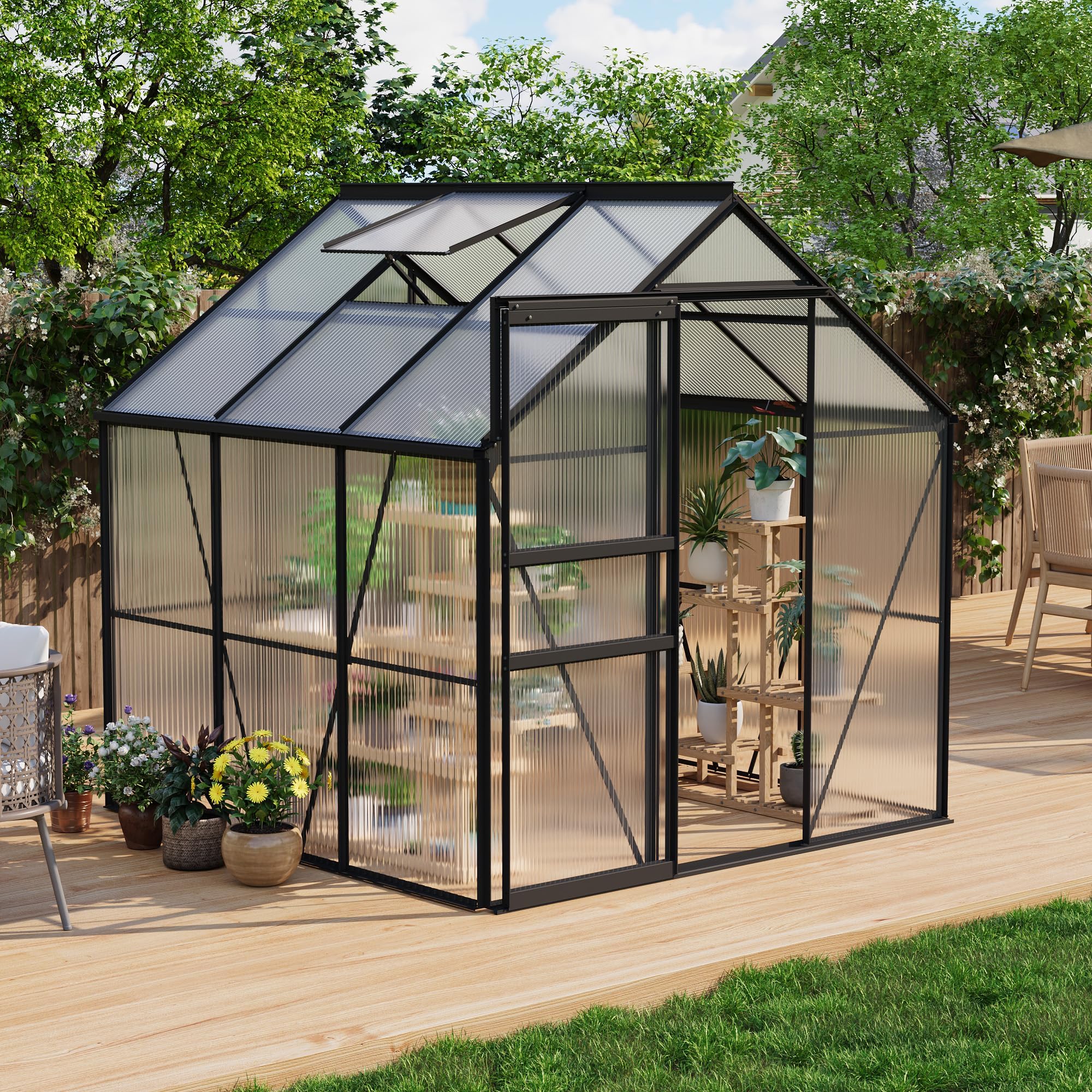 Garvee 6 x 6 FT Polycarbonate Greenhouse with Aluminum Frame, Sliding Door & Adjustable Roof Vent, Heavy-Duty Outdoor Greenhouse for Backyard, Garden, Patio