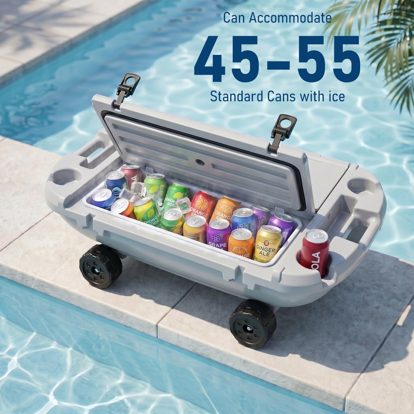Garvee 40L Floating Cooler with Wheels, 42.5QT Rotomolded All-Terrain Ice Chest with Tow Rope & 4 Cup Holders, Drift Mobile Beverage Cooler for River, Pool, Beach, Kayak, Cool Gray