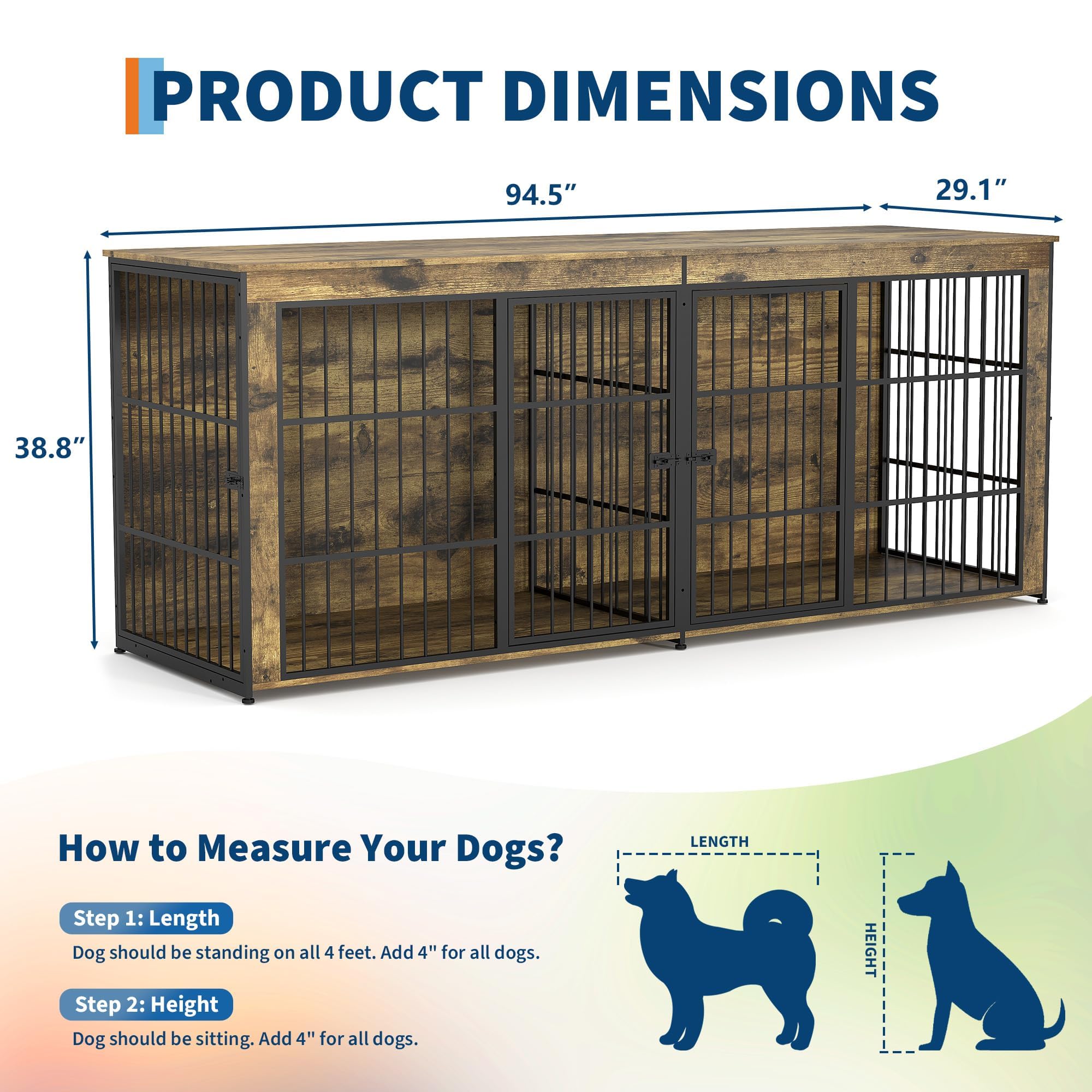 Garvee 94.5" Extra Large Dog House Furniture, Heavy Duty Wooden Dog Kennel Indoor End Table, TV Stand  for Large/Medium Dogs, 4 Doors, Divider, Storage, Adjustable Feet, Vintage Brown