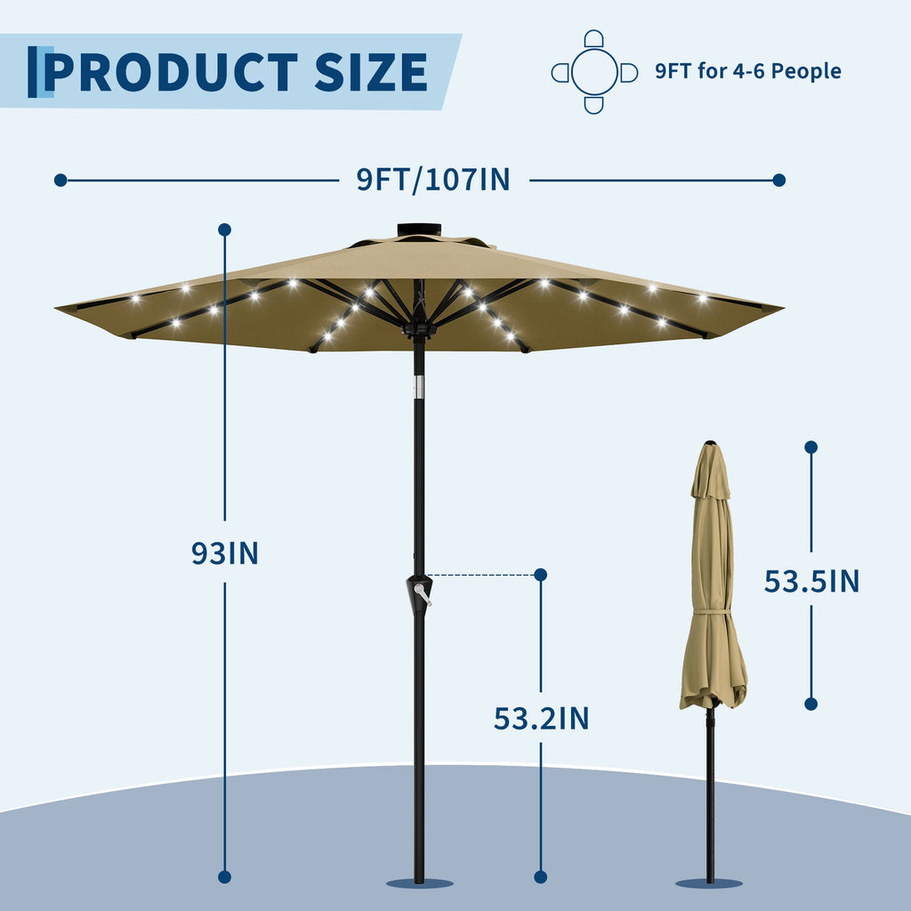 Garvee 9FT Solar LED Patio Umbrella, Waterproof Outdoor Market Table Umbrella with 8 Ribs, Crank Lift, Push Button Tilt, UV Protection for Garden, Pool & Deck, Khaki