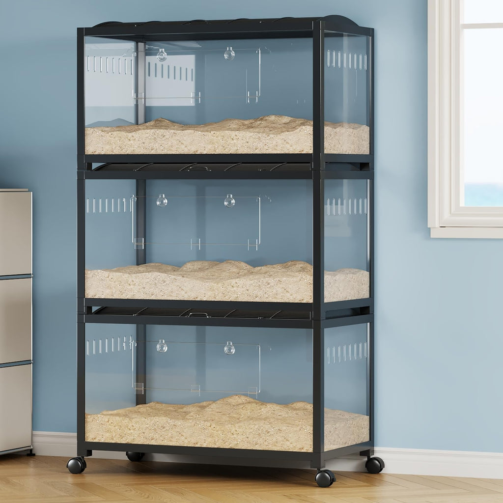 Garvee Large Hamster Cage, 3-Tier Gerbil Cages with Running Wheel, Water Bottle, Food Bowl, Ramps, Portable Hamster House with 7" Deep Glass Bottom for Syrian, Hamster, Gerbils (Metal Black)