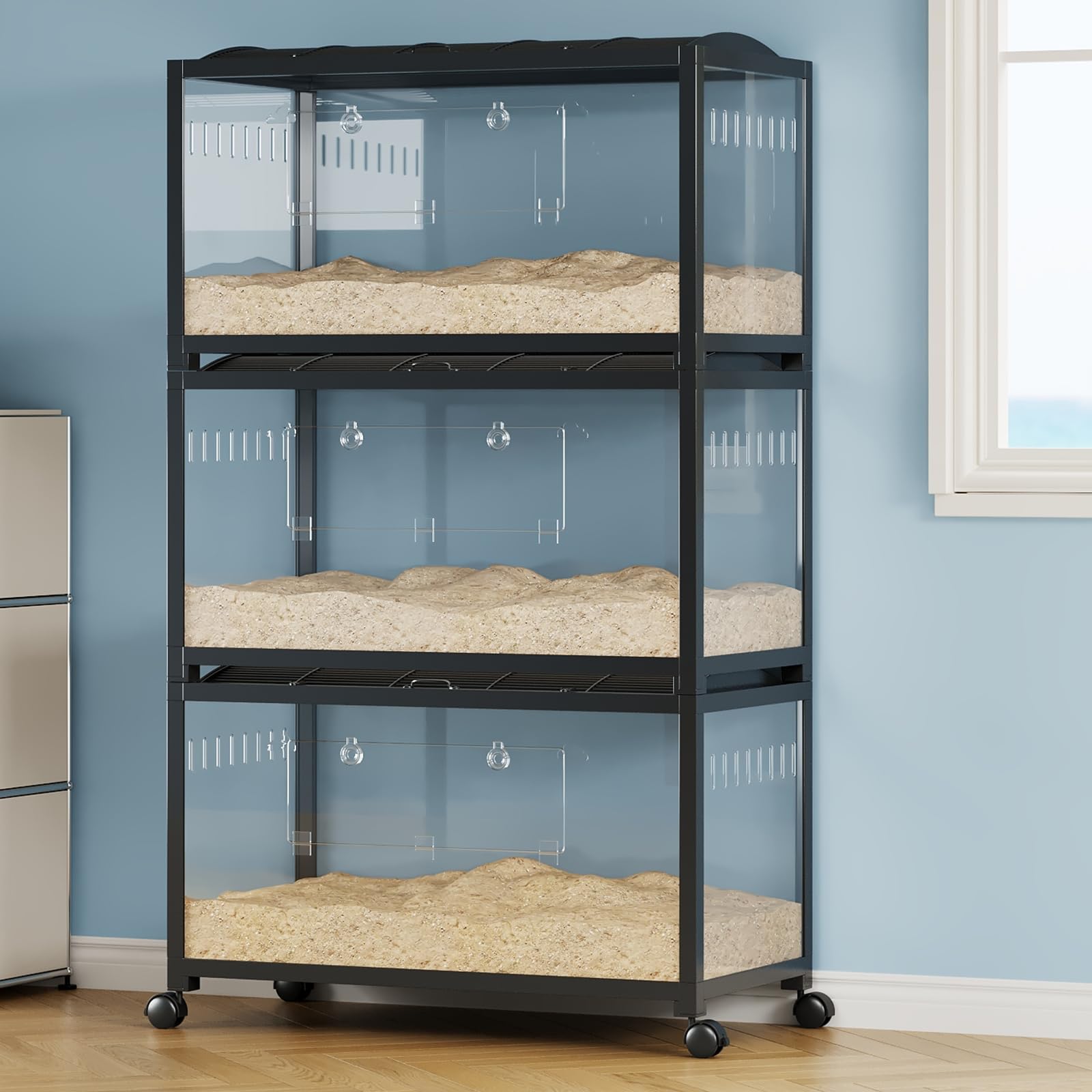 Garvee Large Hamster Cage, 3-Tier Gerbil Cages with Running Wheel, Water Bottle, Food Bowl, Ramps, Portable Hamster House with 7" Deep Glass Bottom for Syrian, Hamster, Gerbils (Metal Black)