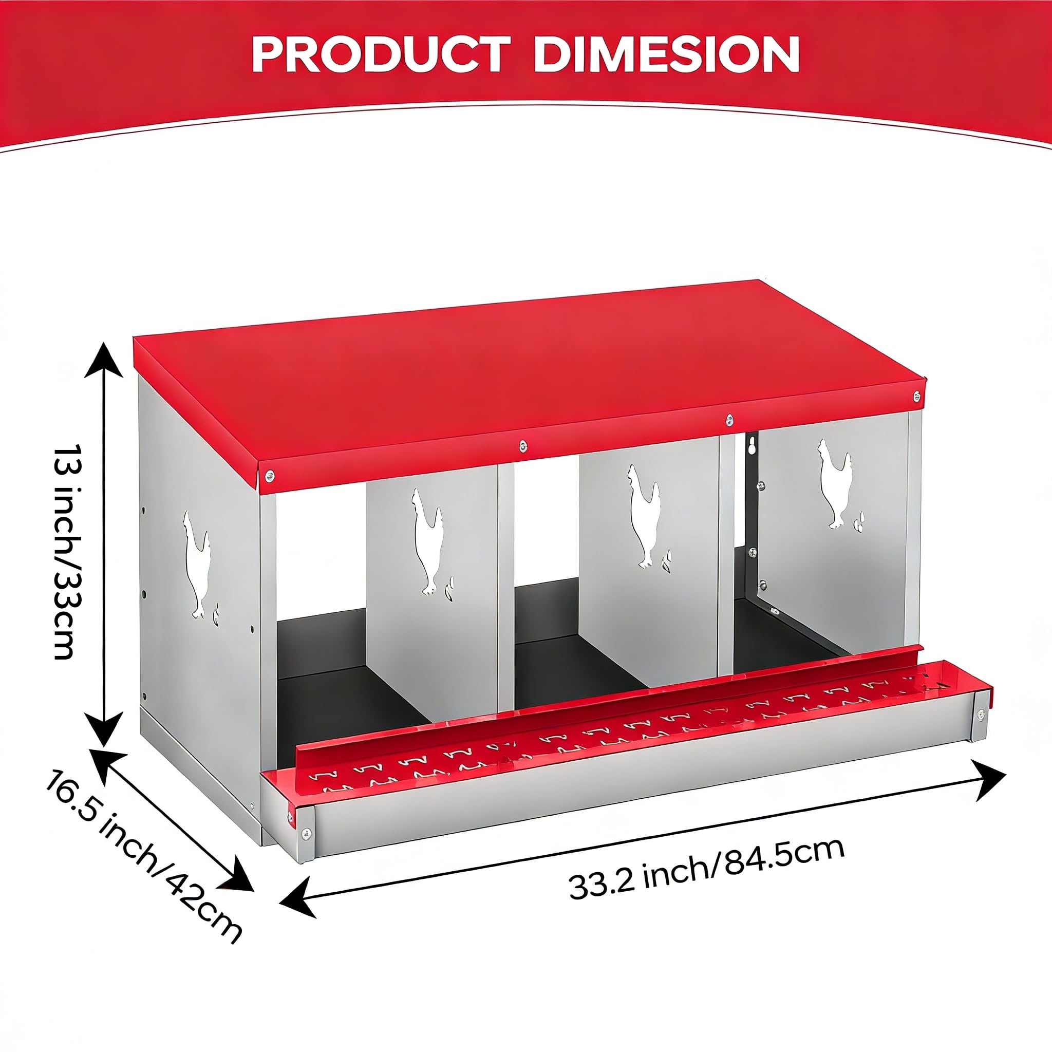Garvee Chicken Nesting Box, 3 Room Galvanized Steel Laying Boxes, Metal Nesting Boxes for Hens with 10 Pads & 4 Fake Eggs, Easy Egg Collection, Vented Holes Poultry Nest for Chicken Coop, Red