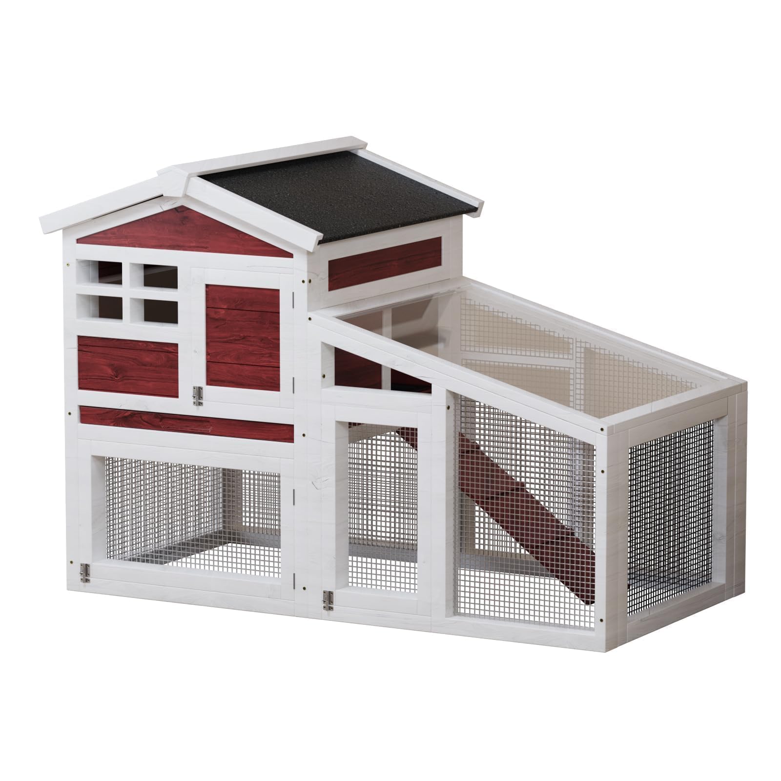 Garvee 2-Tier 53" Wooden Small Animal Cage, Weatherproof Rabbit Hutch with Non-Slip Ramp, Leak-Proof Removable Tray, Anti-Chew Metal Frame, Asphalt Roof, Ideal for Rabbits, Guinea Pigs, Rufous White