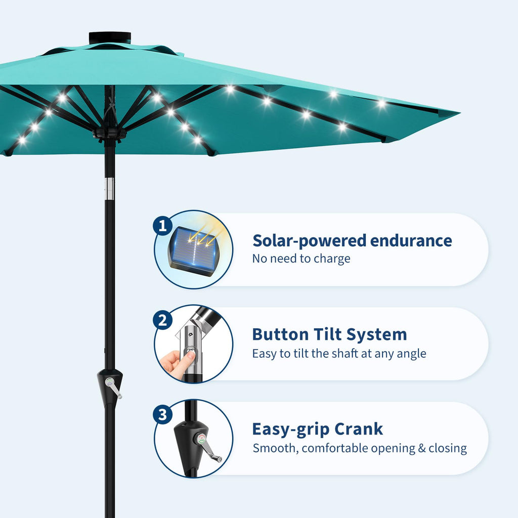 Garvee 10 ft Solar Patio Umbrella with 32 LED Lights, Outdoor Market Umbrella with Crank Lift & Tilt, UV-Resistant Canopy for Pool, Garden & Backyard, Sky Blue