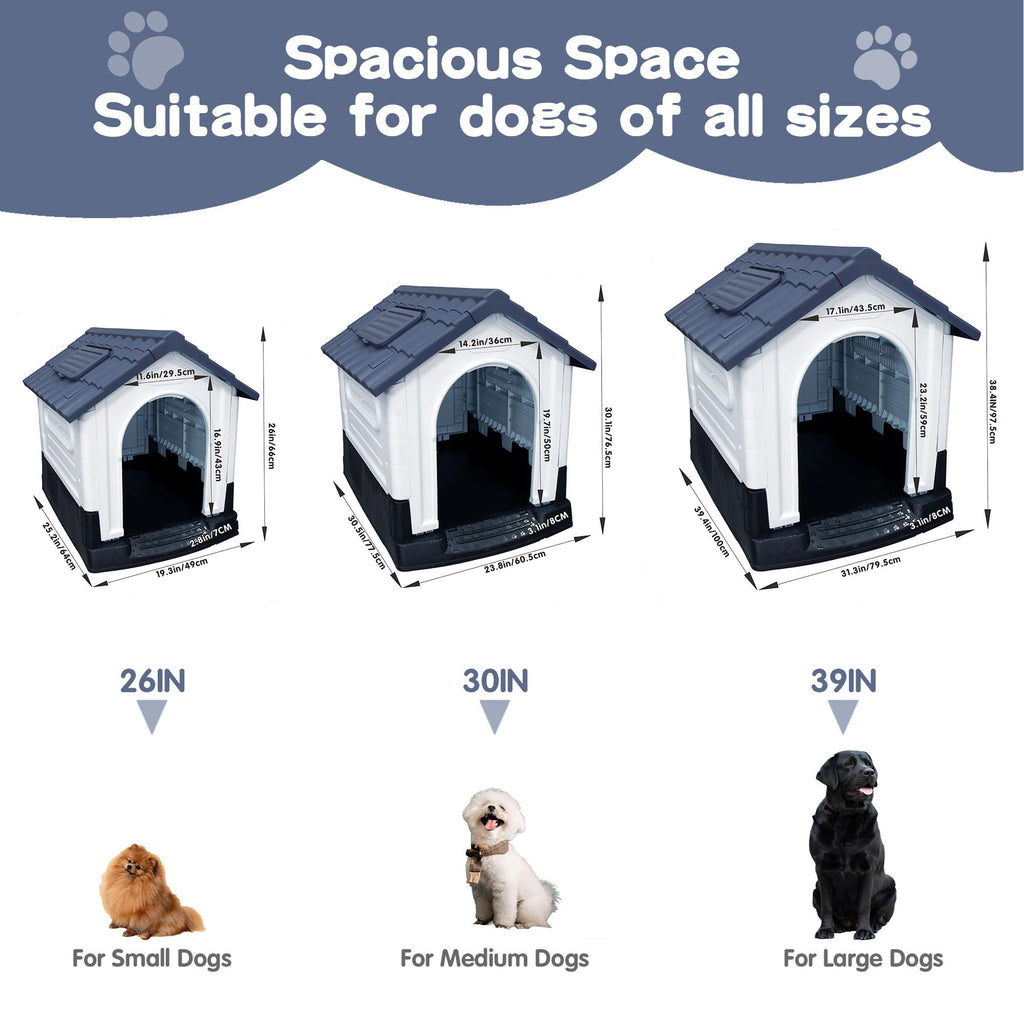 Garvee Small Dog House Outdoor with Air Vents and Elevated Floor for Puppy, Plastic Waterproof Doghouse Sloping Roof, Easy Clean and Assemble, Gray 25.2''D×19.3''W×26''H