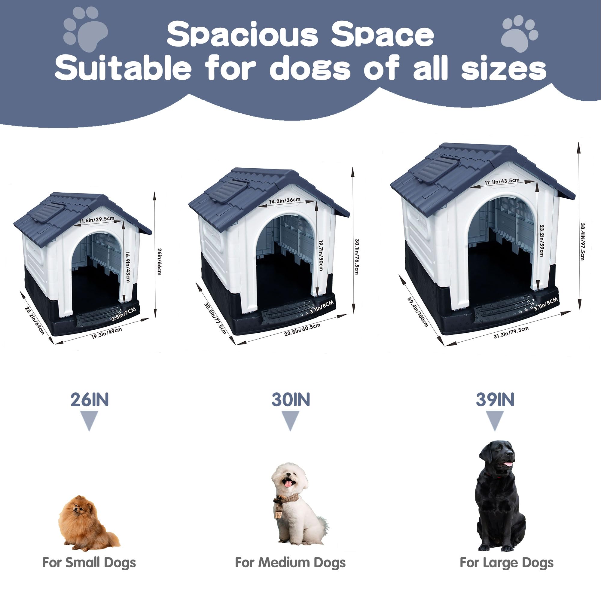 Garvee Small Dog House Outdoor with Air Vents and Elevated Floor for Puppy, Plastic Waterproof Doghouse Sloping Roof, Easy Clean and Assemble, Gray 25.2''D×19.3''W×26''H