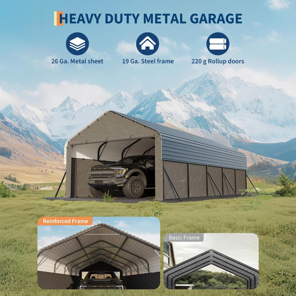 Garvee Enclosed Metal Carport 12×24 ft, 220g PE Tarp, 1.6" 19-Gauge Steel Frame with Roll-Up Doors for Trucks Boats Tractors