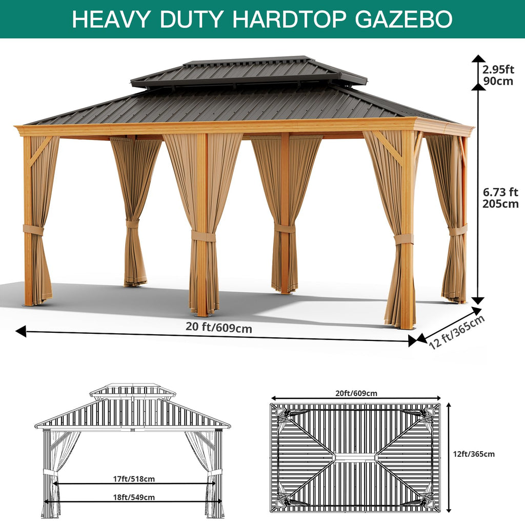 Garvee 12 x 20 FT Hardtop Gazebo, Double-Layer 27-Gauge Galvanized Steel Roof with Reinforced Aluminum Frame, Curtains & Mosquito Netting for Patio and Backyard, Black/Gray