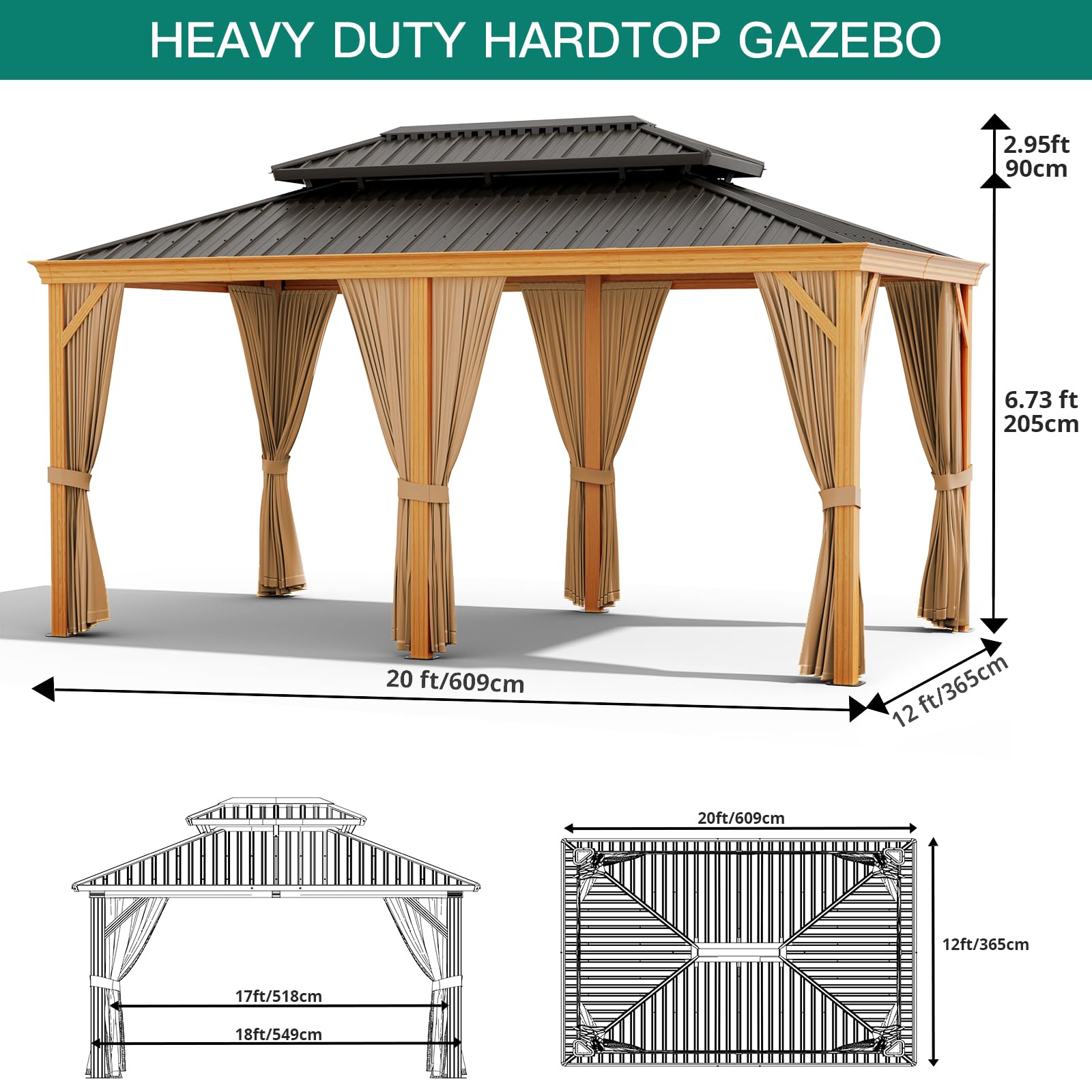 Garvee 12 x 20 FT Hardtop Gazebo, Double-Layer 27-Gauge Galvanized Steel Roof with Reinforced Aluminum Frame, Curtains & Mosquito Netting for Patio and Backyard, Black/Gray