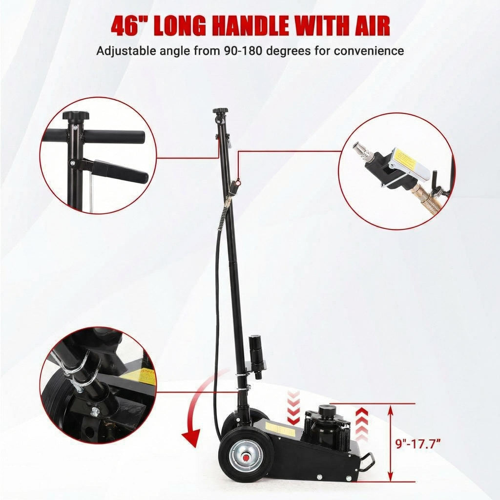 Garvee 22 Ton Air Hydraulic Low Profile Floor Jack – 44,000 lbs Capacity – Dual Power (Air/Manual) – 9"-17.7" Lift Range – 4 Adapters – 46" Adjustable Handle – Internal Circulation Pneumatic Service – 22T Top, MR8021-1 Black