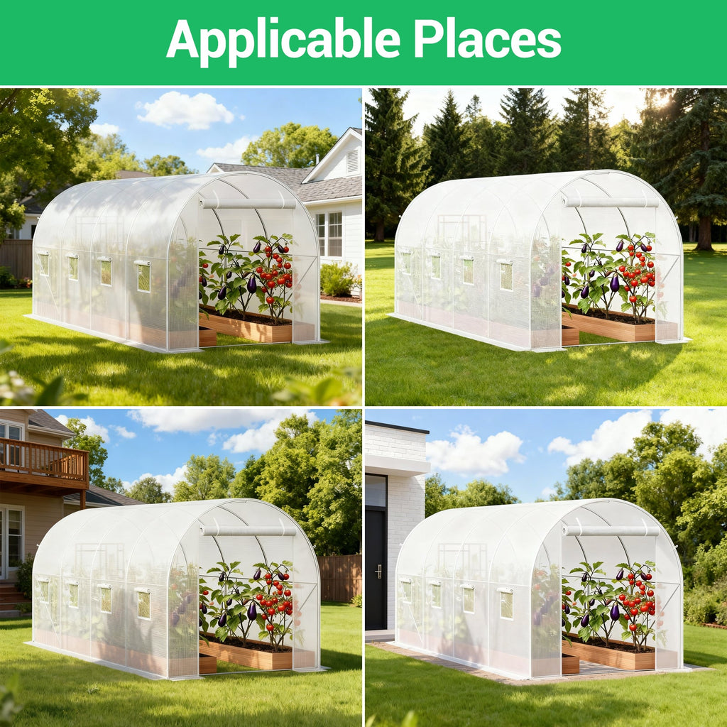 Garvee 14.6 x 6.4 x 6.3 FT Walk-In Tunnel Greenhouse, 140 GSM White PE Cover with Zippered Screen Door, 8 Roll-Up Windows & Galvanized Steel Frame