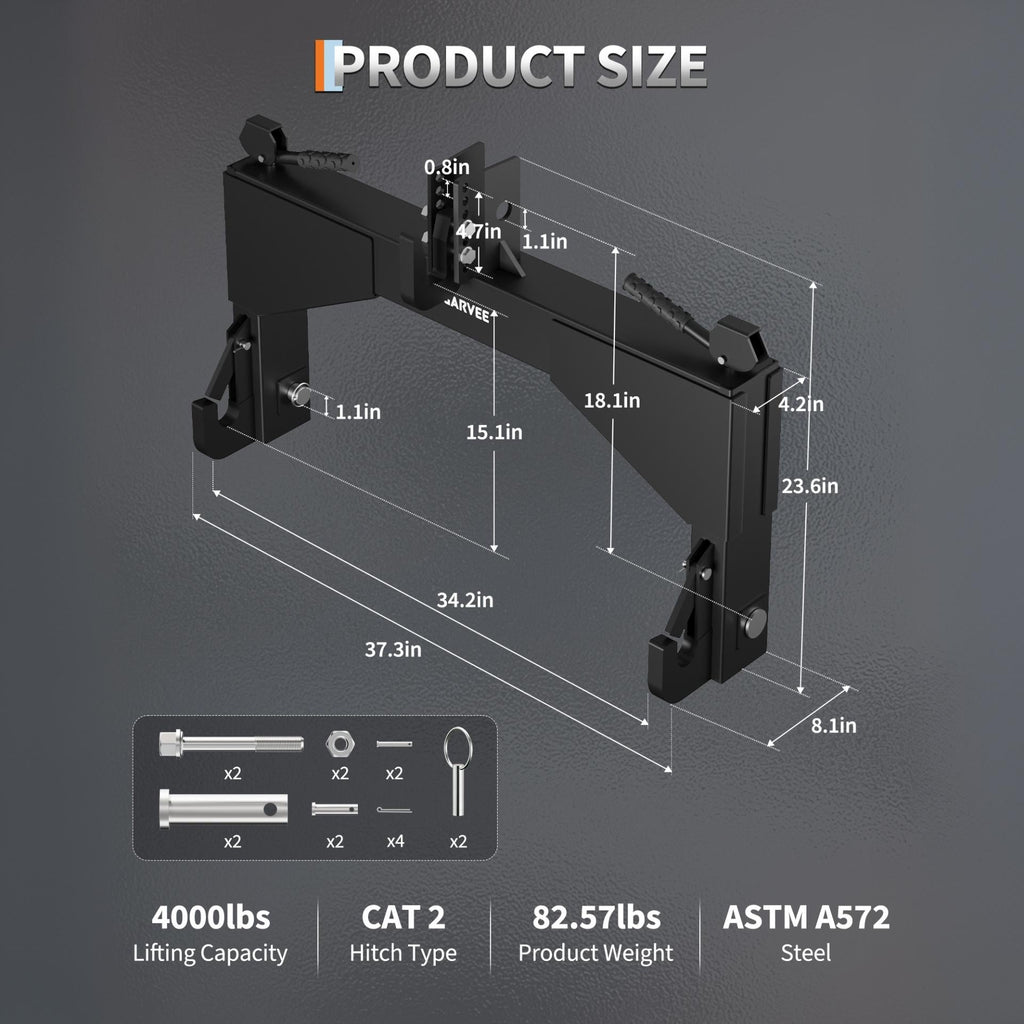 Garvee Heavy Duty 4000lbs Category 2 3-Point Quick Hitch - 5-Level Adjustable Bolt - Compatible with Cat 2 Implements - Agricultural Tractor Attachment - Black
