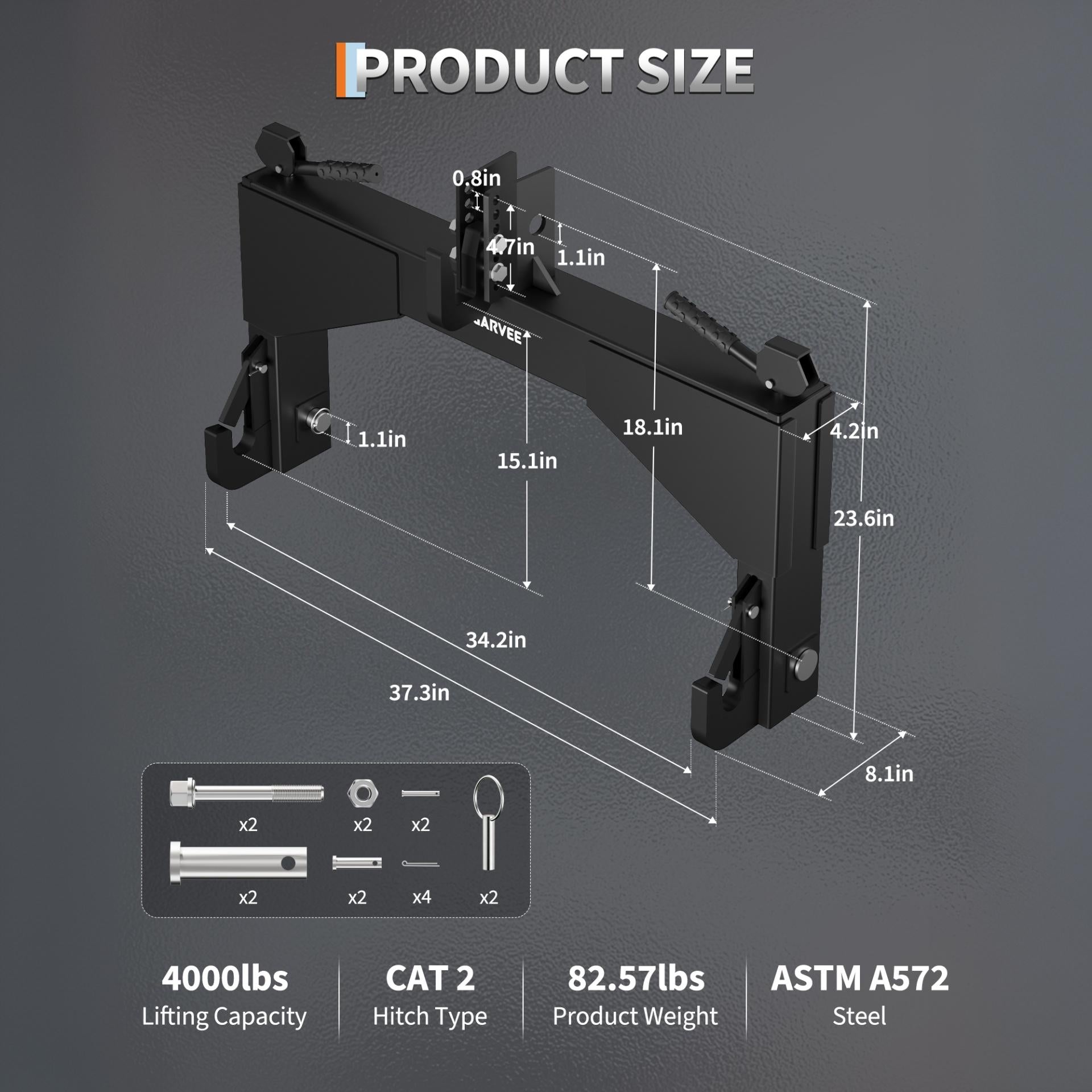 Garvee Heavy Duty 4000lbs Category 2 3-Point Quick Hitch - 5-Level Adjustable Bolt - Compatible with Cat 2 Implements - Agricultural Tractor Attachment - Black