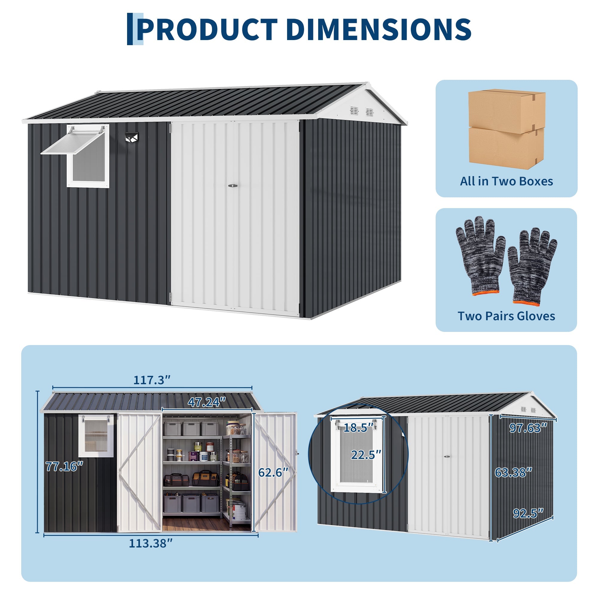 Garvee 10x8FT Black Metal Outdoor Storage Shed with Pushable Window, LED Light & Pegboard, Lockable Double Doors, Sloping Roof, Ventilation, Corrosion-Resistant Steel Garden Tool Shed for Patio, Backyard & Garage