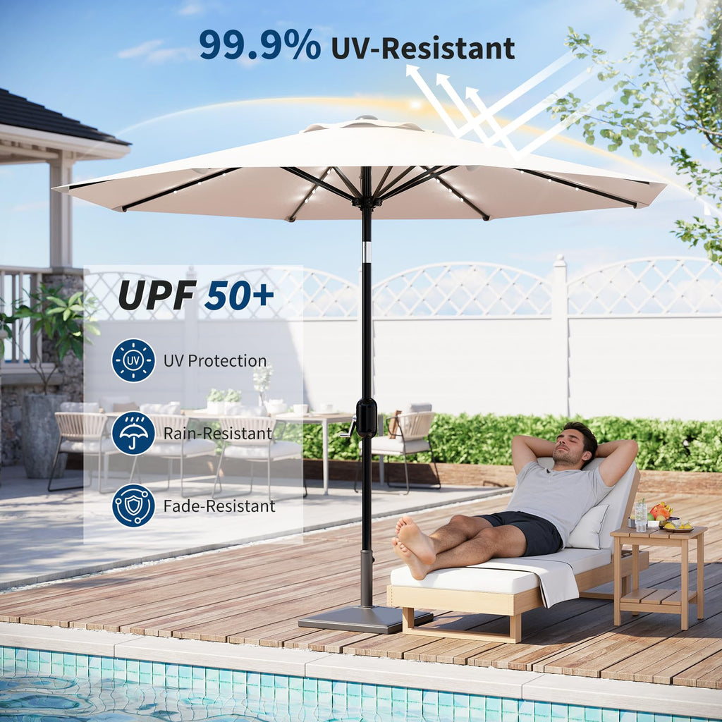 Garvee 10 FT Patio Umbrella with Solar Lights, Outdoor Table Umbrella with 8 Durable Ribs, Tilt & Crank Mechanism, Waterproof & UV Protection for Garden, Backyard, Poolside, Beige