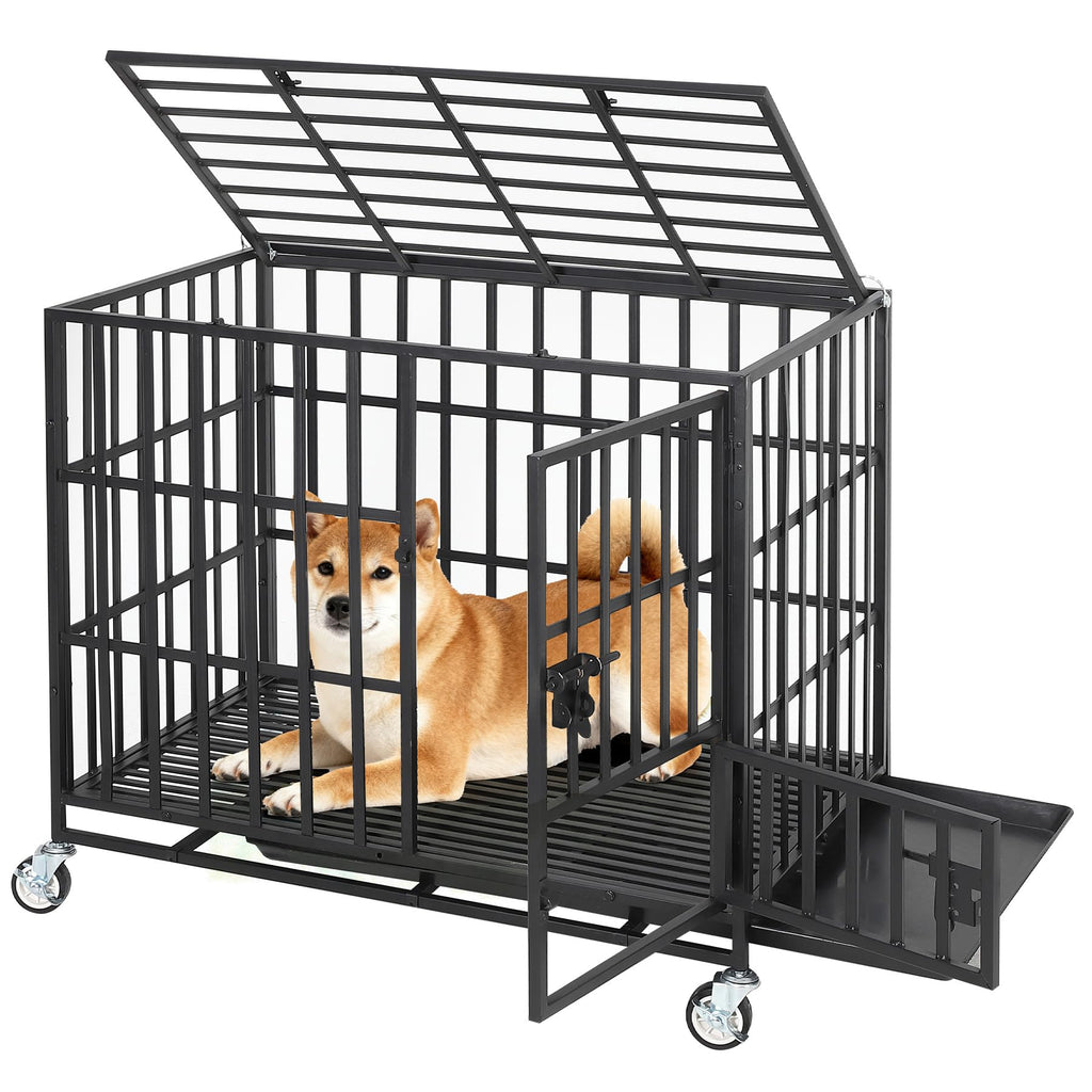 Garvee 36 Inch Heavy Duty Dog Crate, Escape-Proof Steel Dog Kennel Indoor with 3 Doors, Removable Tray, Large Metal Dog Cage with Wheels for Large and Medium Dogs, Black
