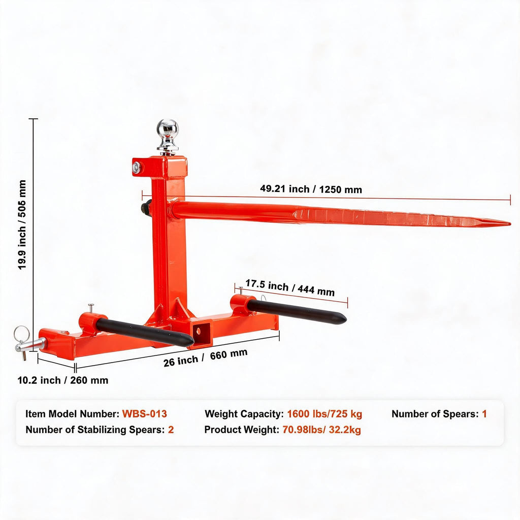 Garvee Heavy Duty 49" Hay Spear Tractor Attachment, 1600lbs Capacity 3-Point Hitch Attachment with Stabilizer Spears, Red