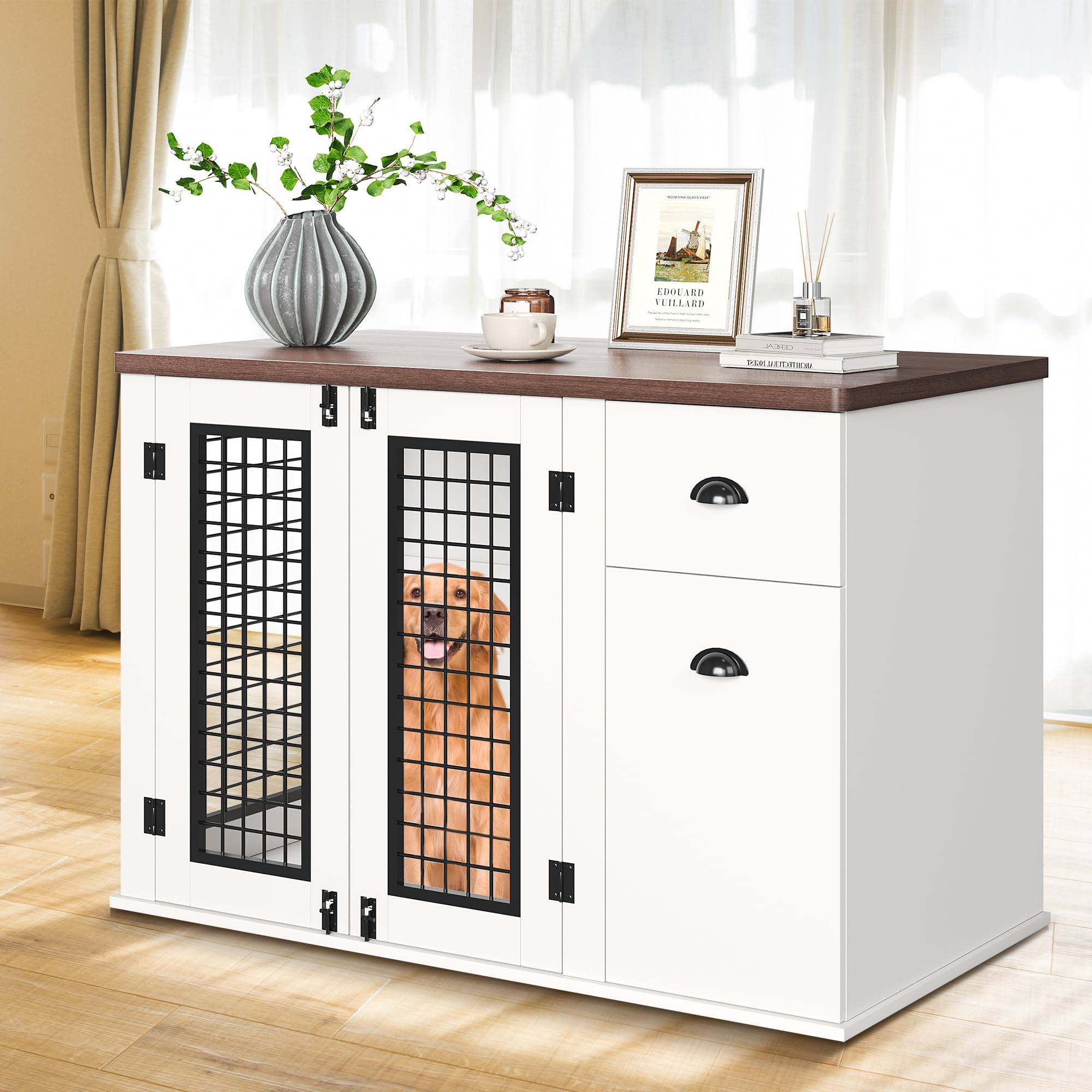 Garvee Dog Crate Furniture, Pet Kennel for Small to Medium Dogs, White Wooden Pet House with Drawers and Side Cabinets, Multi-Functional Dog Cage for Indoor Use, White