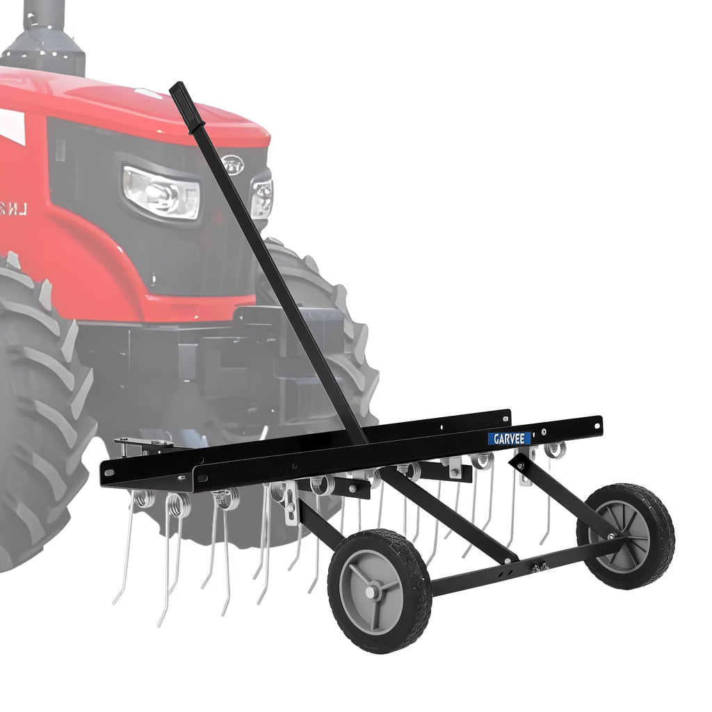 Garvee Tow Behind Lawn Rake 48-Inch Dethatcher with 24 Spring Steel Tines Heavy-Duty Steel Frame Adjustable Weight Tray for ATV Mower Garden Farm