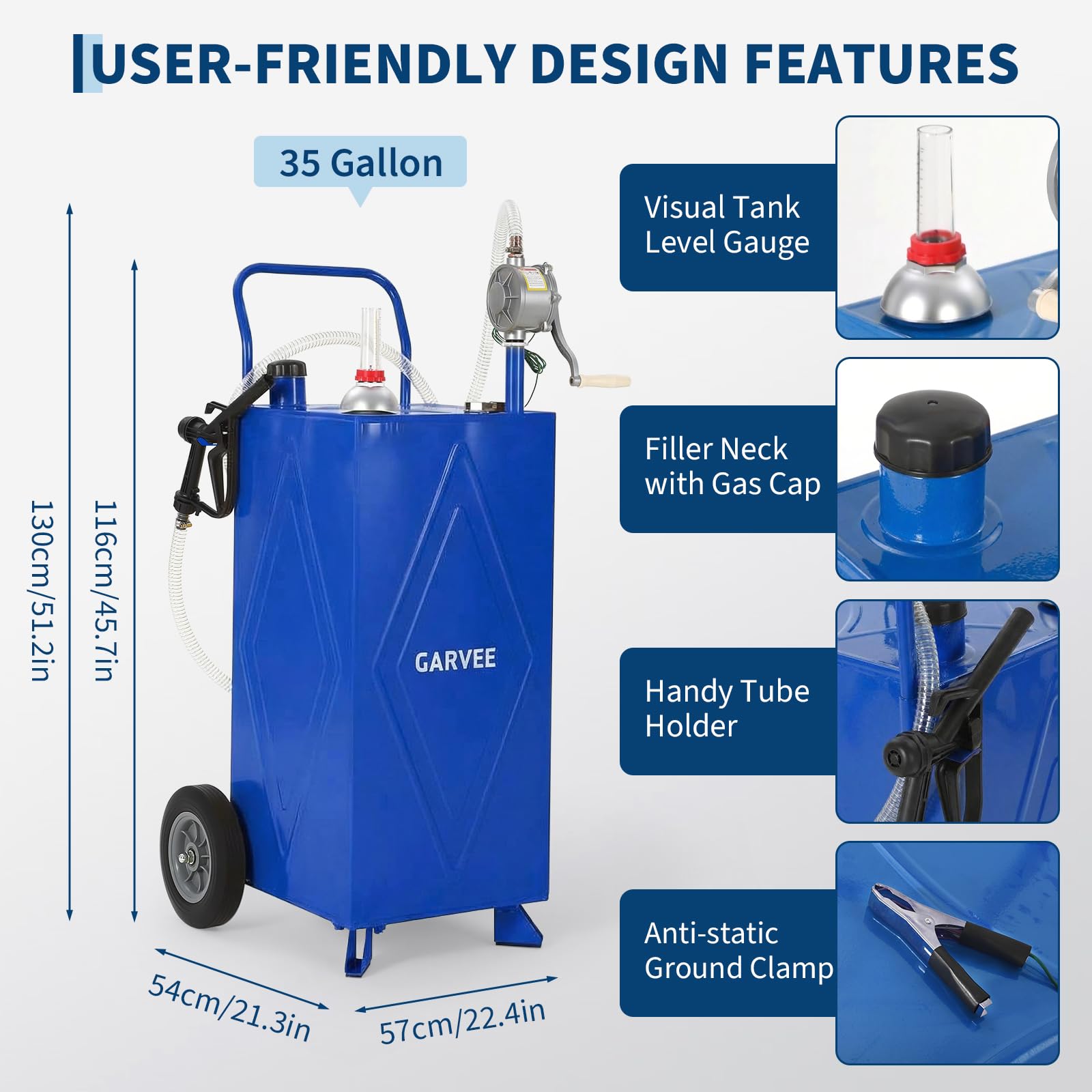 Garvee 35 Gallon Portable Fuel Gas Caddy Storage Tank – Reinforced 2-Wheel, 2-Support Design, Manual Rotary Pump, Vented Cap, Level Gauge, Fuel Hose – Gasoline/Fuel Transfer for ATV, Tractor, Mower, Car, Boat – Reinforced 2-wheel, 2-support version - Blue
