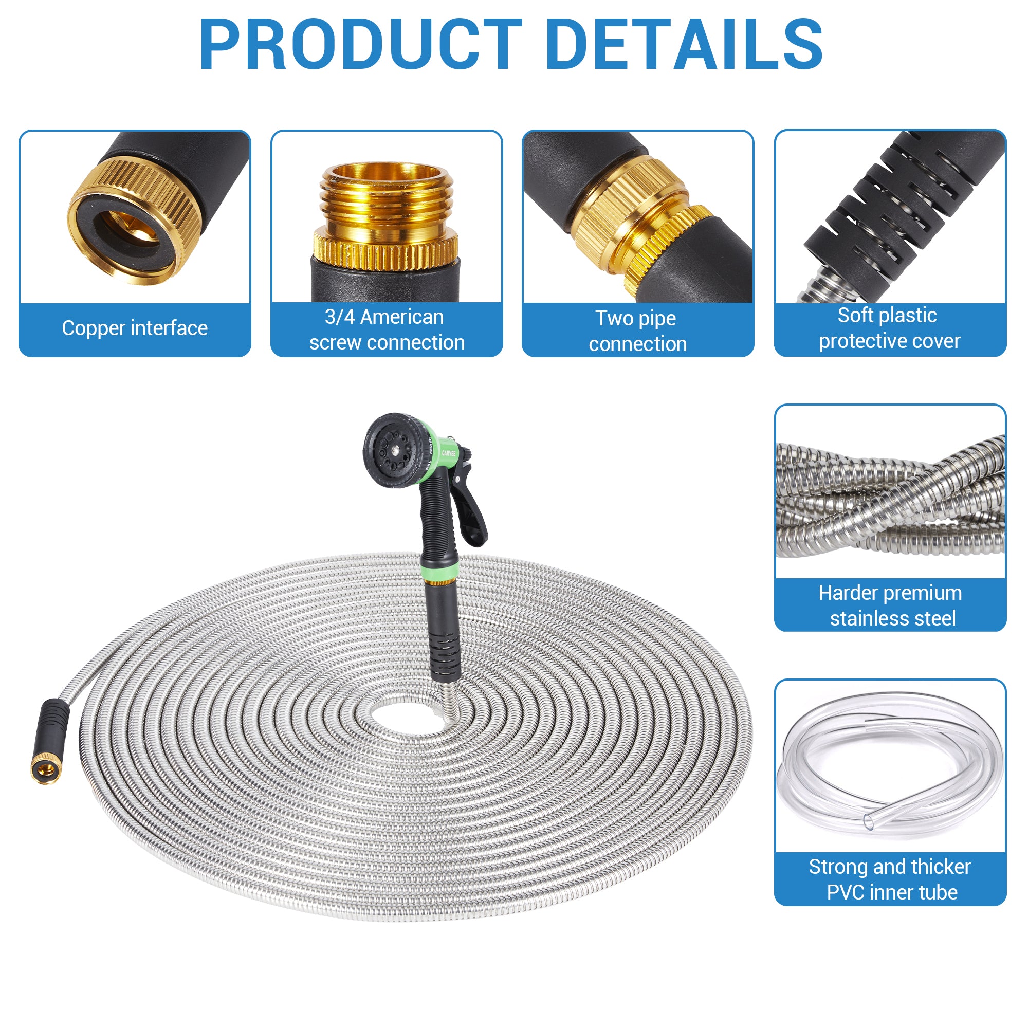 Garvee 100FT Heavy Duty Stainless Steel Garden Hose – Flexible, Kink-Free Metal Water Hose with 10-Function Leak-Proof Spray Nozzle, Sturdy Brass 3/4'' Connectors