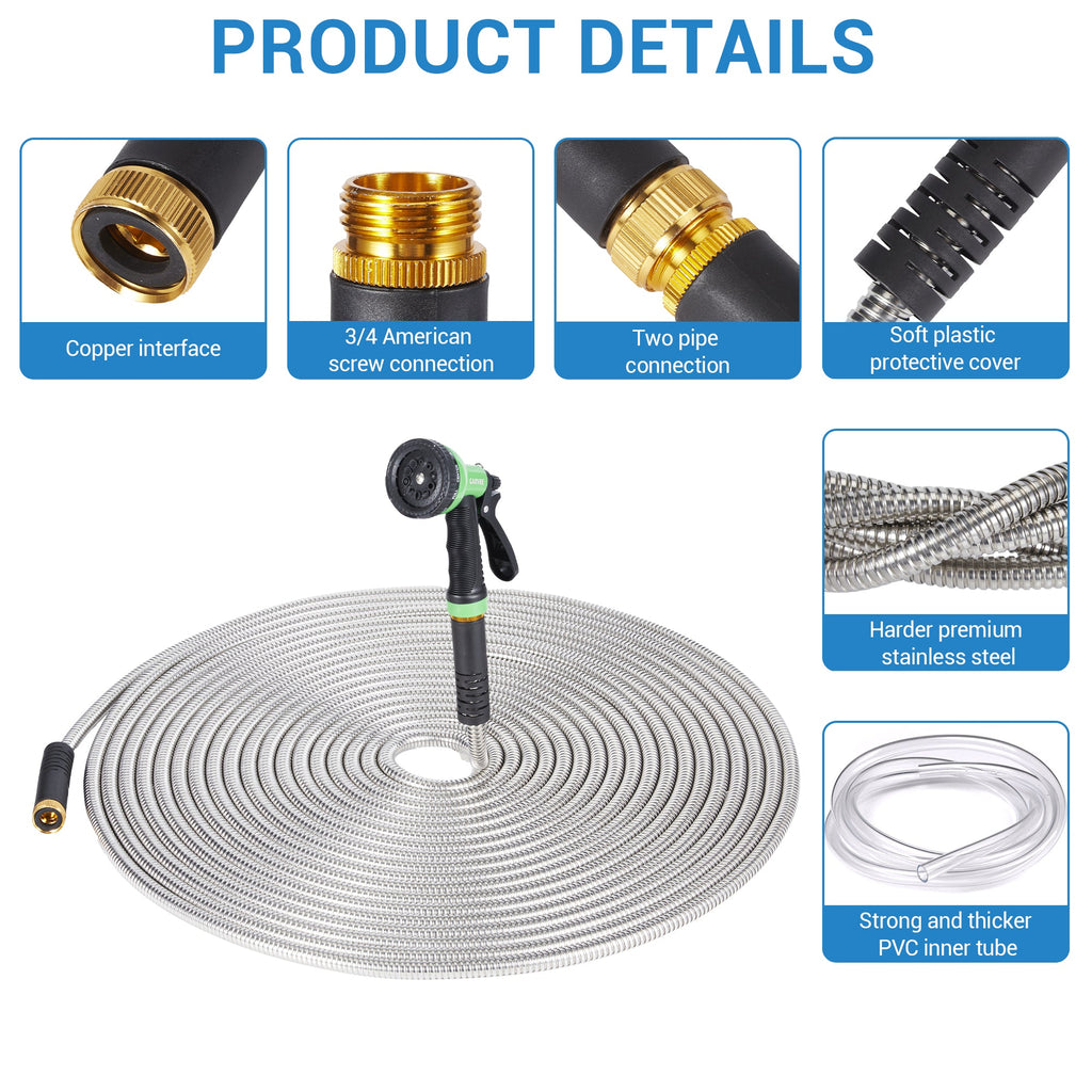 Garvee 50FT Heavy Duty Stainless Steel Garden Hose – Flexible, Kink-Free Metal Water Hose with 10-Function Nozzle, Leak-Proof, Rust-Proof, Lightweight, Sturdy Brass 3/4'' Connectors
