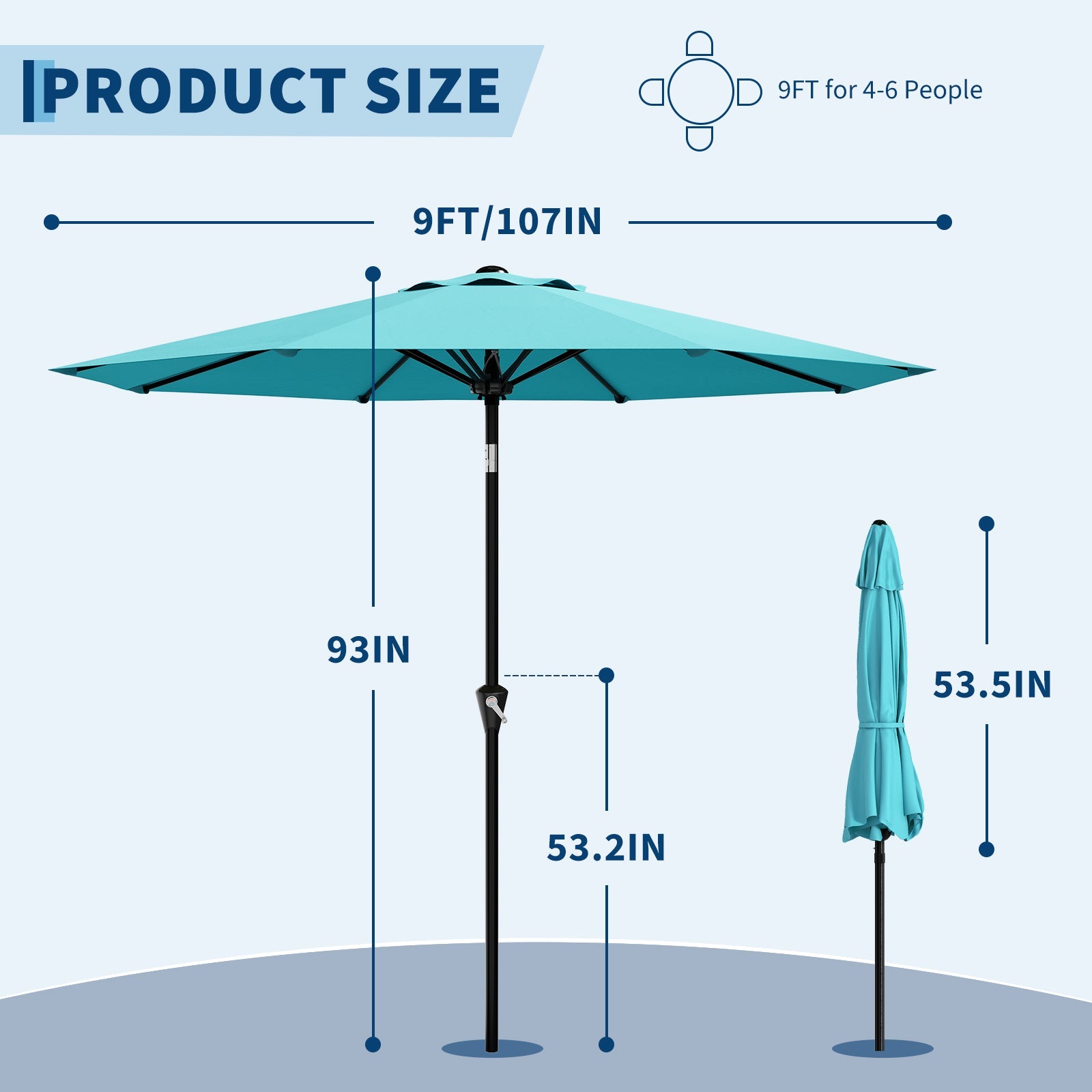 Garvee 9FT Sky Blue Patio Umbrella for Outdoor Table - Market Parasol with Crank Lift, Push Button Tilt, UV Protection Waterproof Canopy, 8 Sturdy Iron Ribs, Wind Resistant, Sun Shade for Pool, Deck, Garden, Yard
