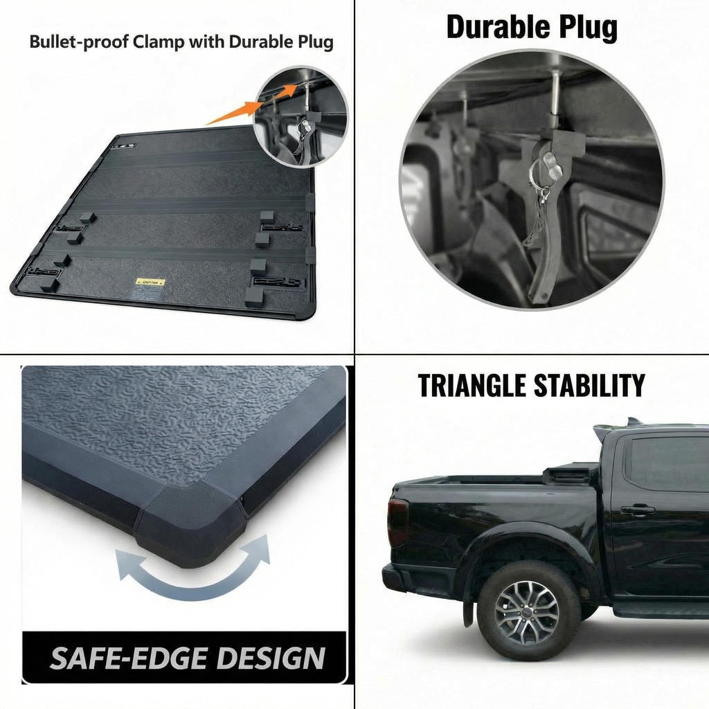 Garvee Hard Folding Truck Bed Tonneau Cover for 2022-2023 Ford 4.2ft Bed - Zinc Aluminum Alloy - Clamp-On, Drill-Free Install - Reinforced Hinges, Locking Latches - Black, Three-Fold - Outdoor Use