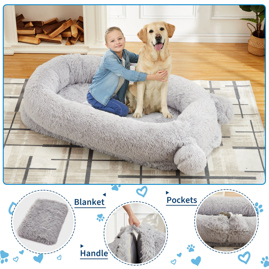 Garvee Human Dog Bed, 71 in x45 in x12 in Large Dog Bed with Blanket, Storage Pockets, Portable Handle, Removable Cover, Human Size Pet Bed for Adult, Gray