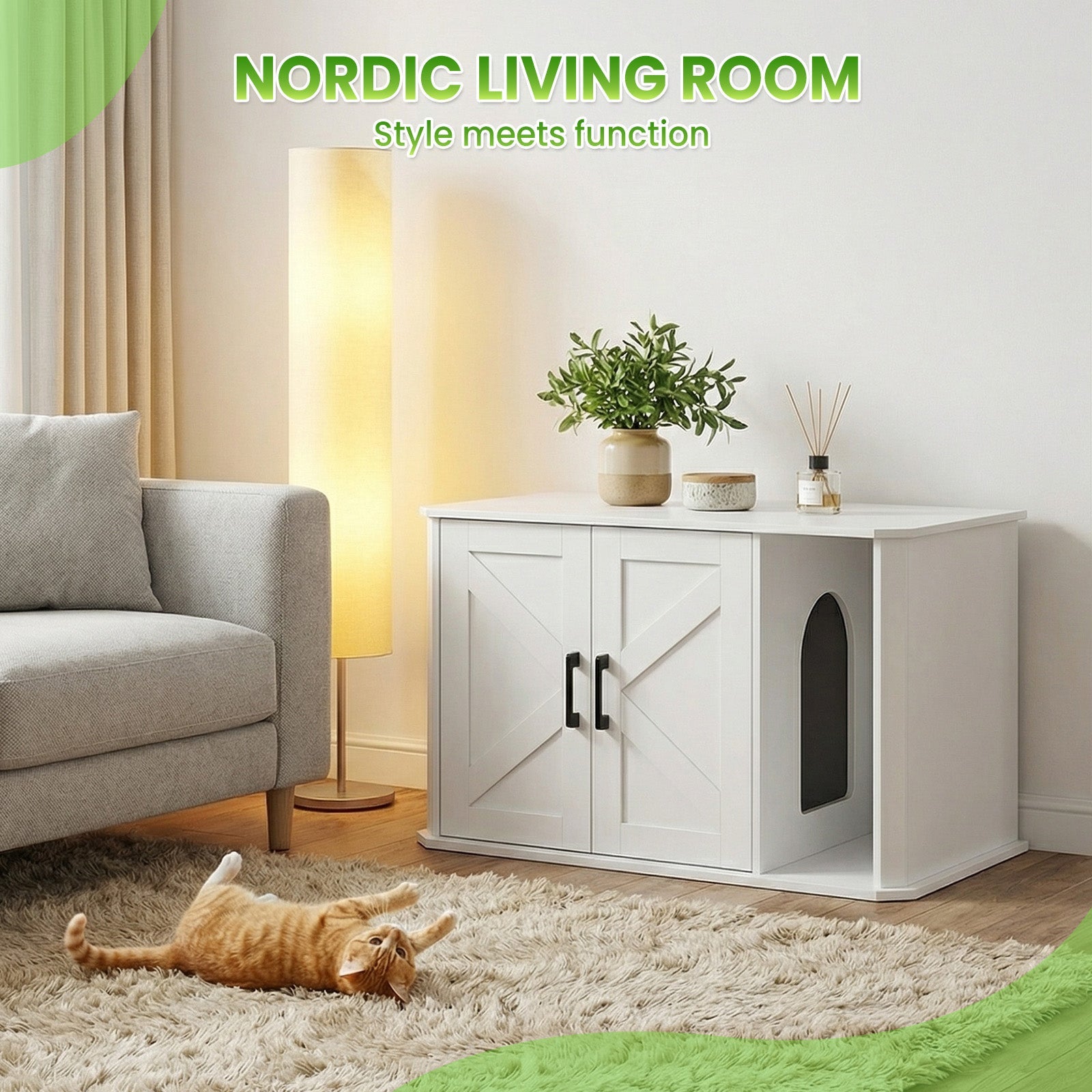 Garvee Modern Wooden Cat Litter Box Furniture – Double-Door Hidden Washroom Cabinet with Side Entry – Easy to Clean, Odor Control – Spacious Cat House End Table – White
