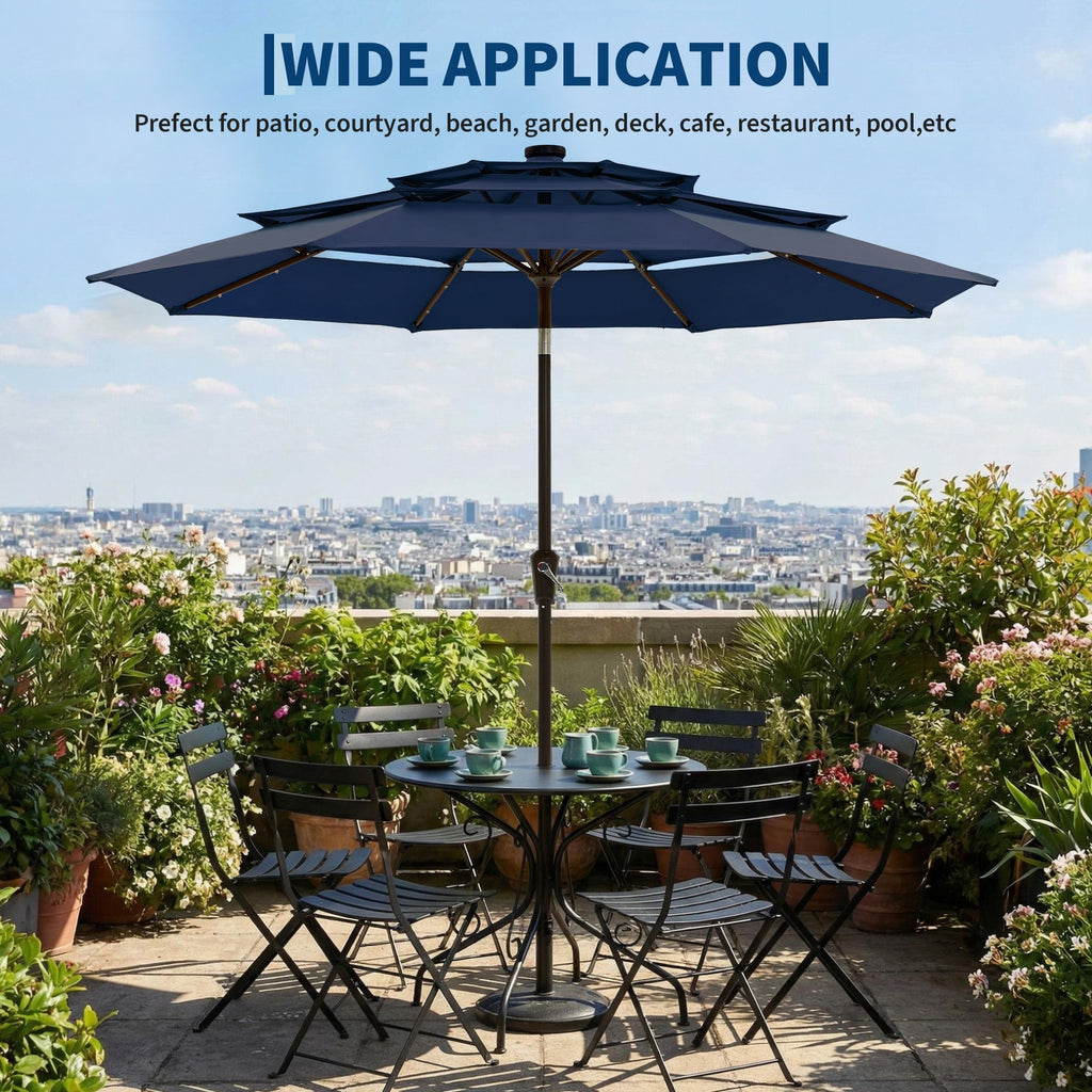 Garvee 9FT 3-Tier Solar LED Patio Umbrella, UV-Resistant Outdoor Market Umbrella with Crank & Tilt, 24 LED Lights & 8 Ribs, Navy Blue