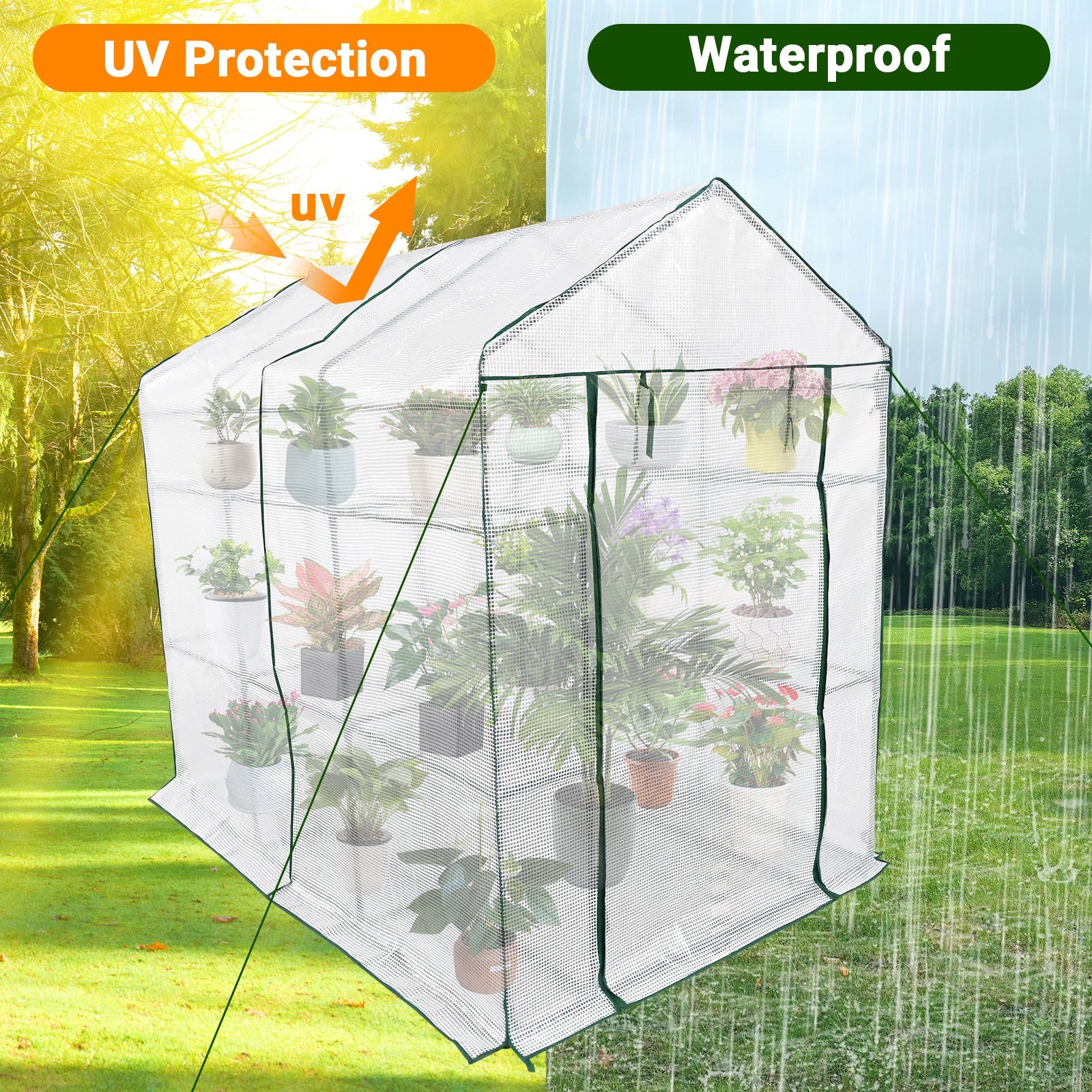 Garvee Large Walk-In Outdoor Greenhouse – 9 Shelves, Heavy-Duty Steel Frame, Roll-Up Zippered Door, Anchors & Ropes, Portable Plant House – Perfect for Garden, Patio, Backyard – White, 143×215×195cm