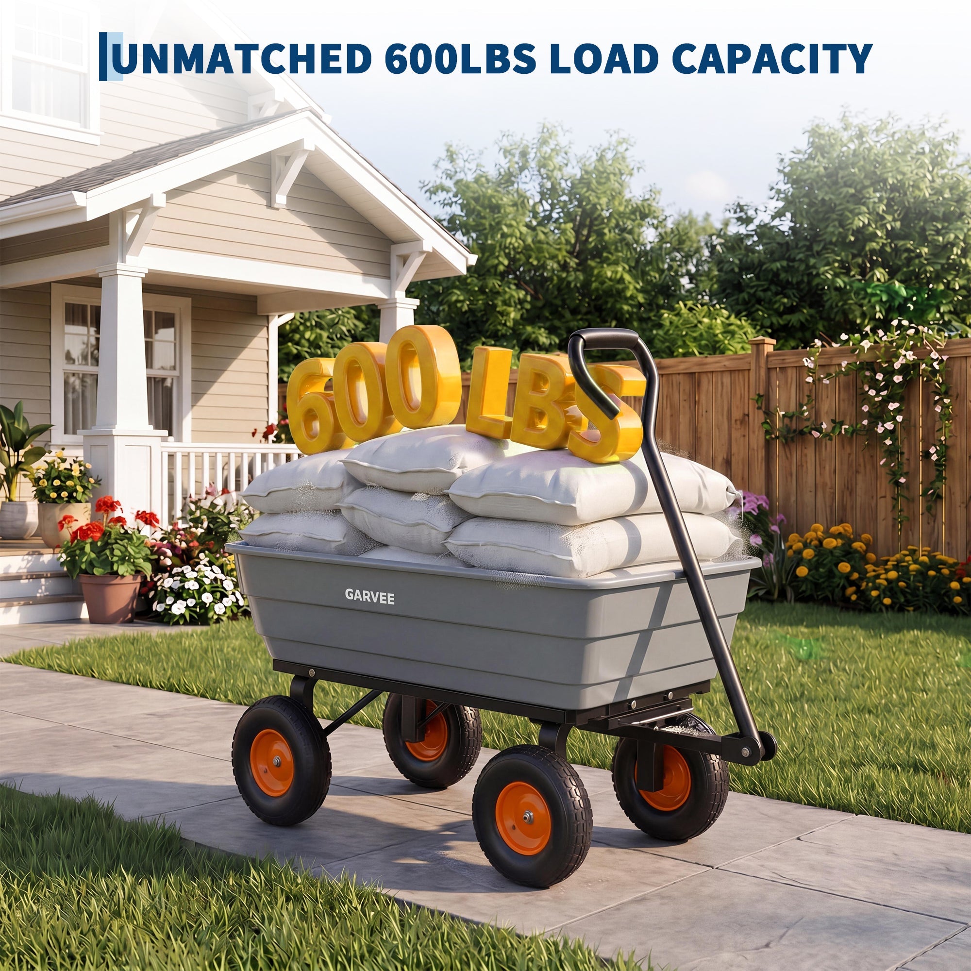 Garvee Garden Dump Cart 600 lb Capacity, 10" All-Terrain Wheel Utility Wagon with Steel Frame, Poly Bed, Quick-Release Dump & 180° Handle, Gray/Orange