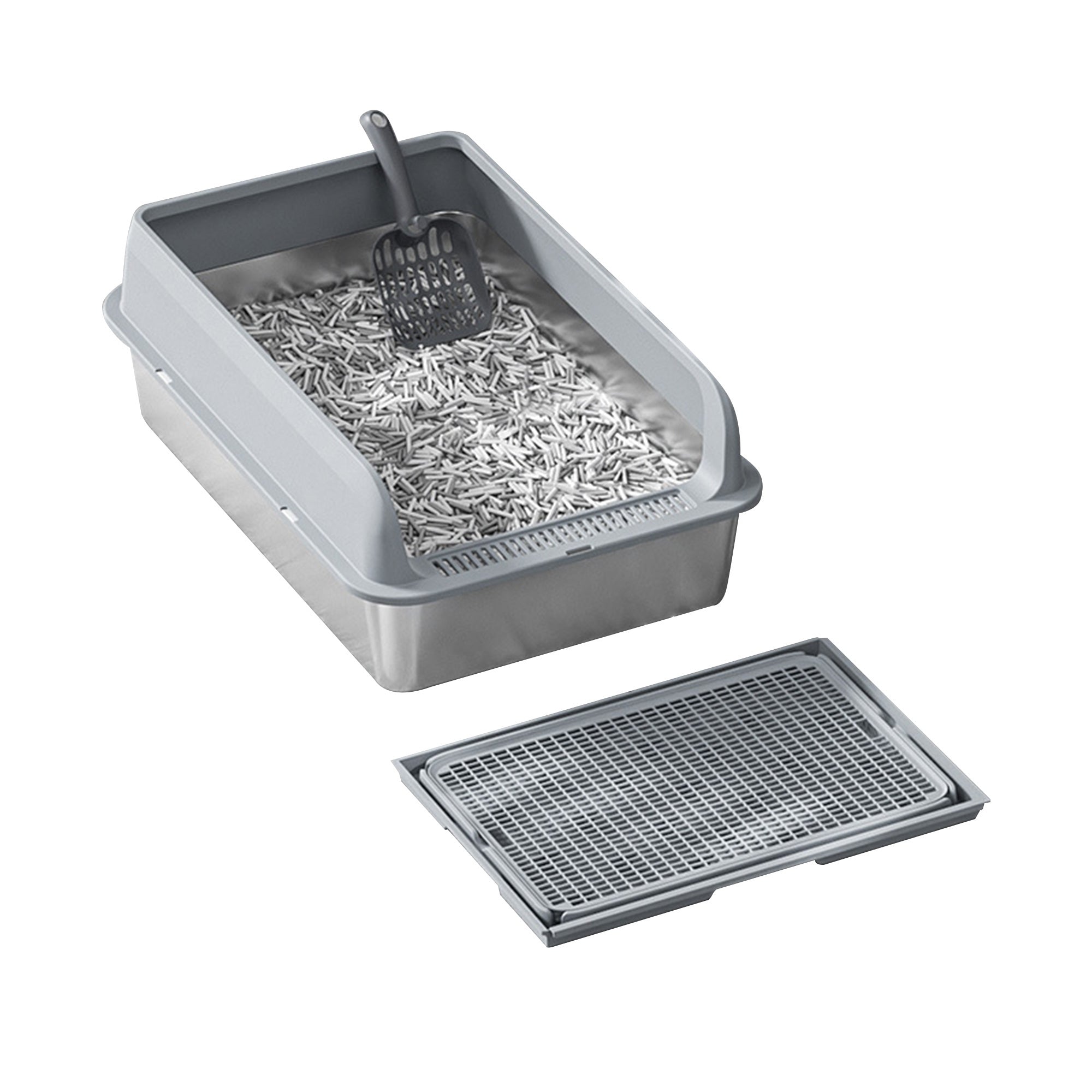 Garvee Stainless Steel Cat Litter Box with Lid, 23.6"x15.8"x11.8" Large Litter Box for Big Cats, Anti Leakage, Odor-Free & Easy Cleaning Metal Litter Pan Include Scoop, Non-Sticky with High Wall Sides-grey