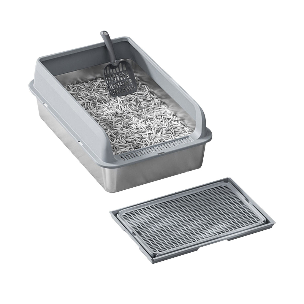 Garvee Stainless Steel Cat Litter Box with Lid, 23.6"x15.8"x9.8" Large Litter Box for Big Cats, Anti Leakage, Odor-Free & Easy Cleaning Metal Litter Pan Include Scoop, Non-Sticky with High Wall Sides-grey