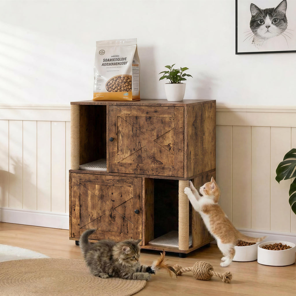 Garvee Double Cat Litter Box Enclosure Furniture for 2 Cats – Modern 2-Tier Wooden Cabinet with Hidden Odor Control, Marking Post, Dual Litter Mats, Dog-Proof End Table – X-Gate Tiger Wood
