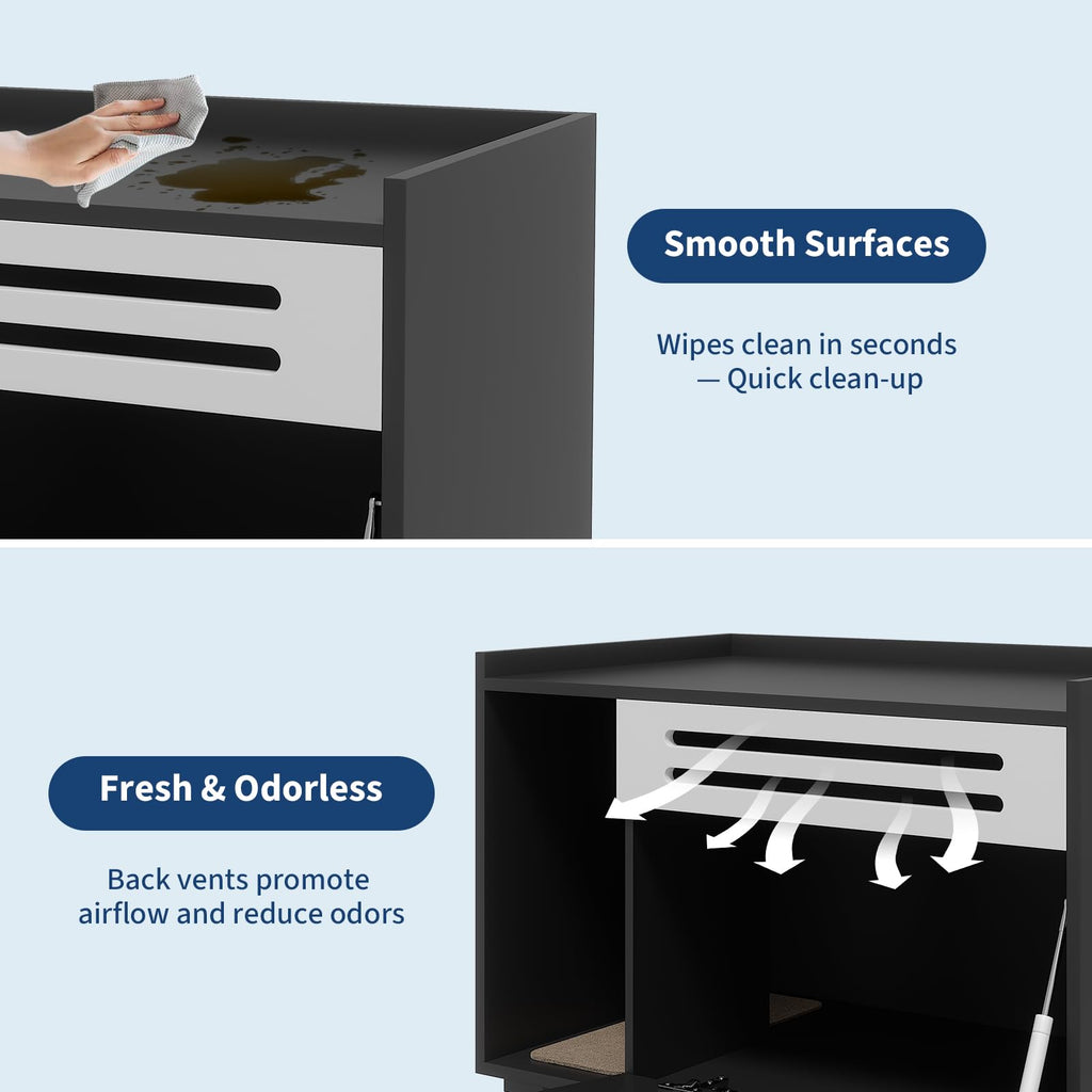 Garvee Dog-Proof & Ventilated Cat Litter Box Enclosure Furniture – Large Modern Hidden Cabinet with Turn-Down Door, Easy to Clean, Indoor Cat Privacy House – Black